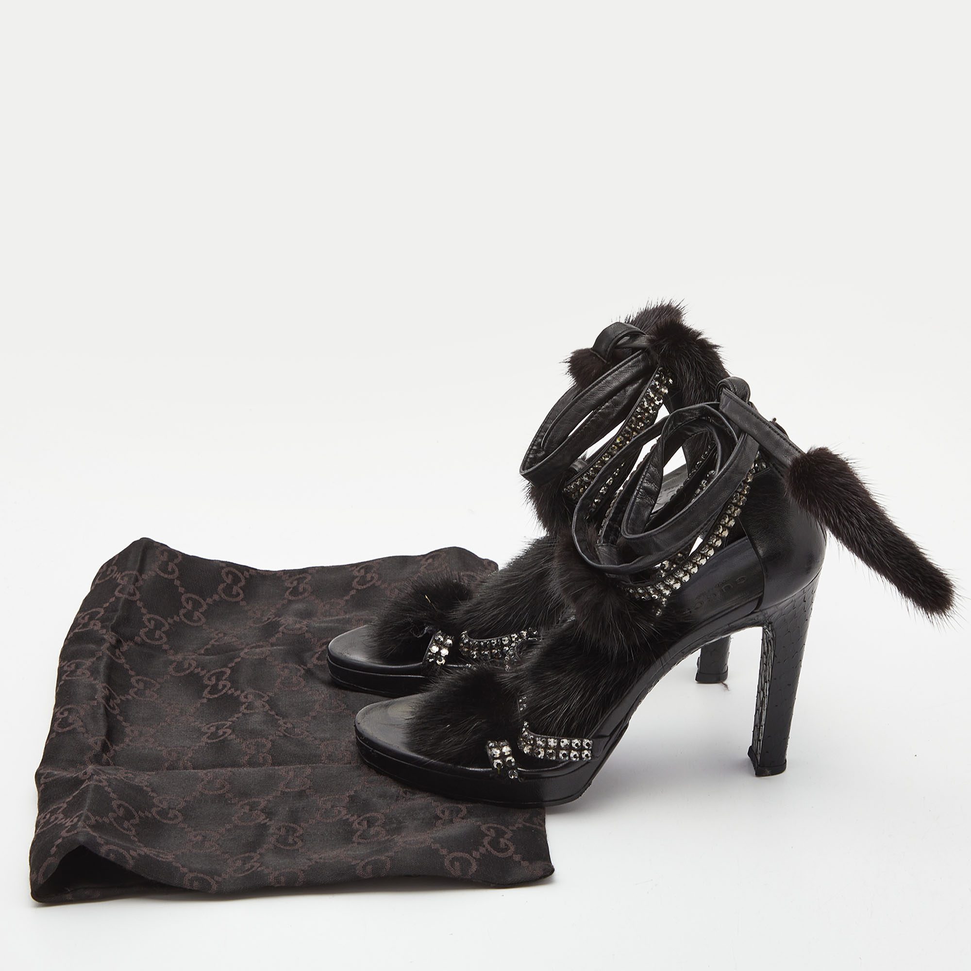 Gucci Black Python Leather And Mink Fur Crystal Embellished Ankle Wrap Sandals Size 36