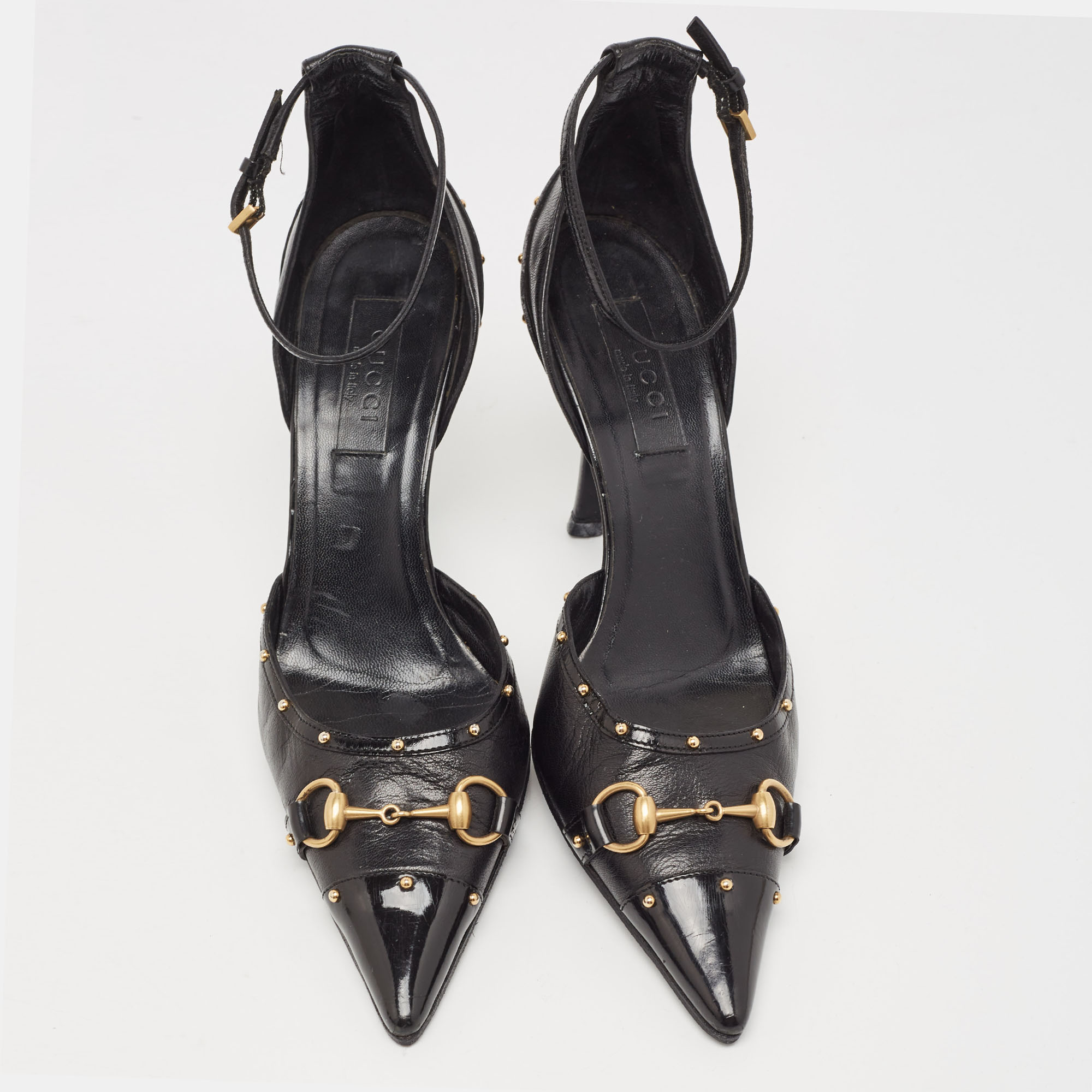 Gucci Black Leather Horsebit Studded Pointed Toe Ankle Strap Pumps Size 36