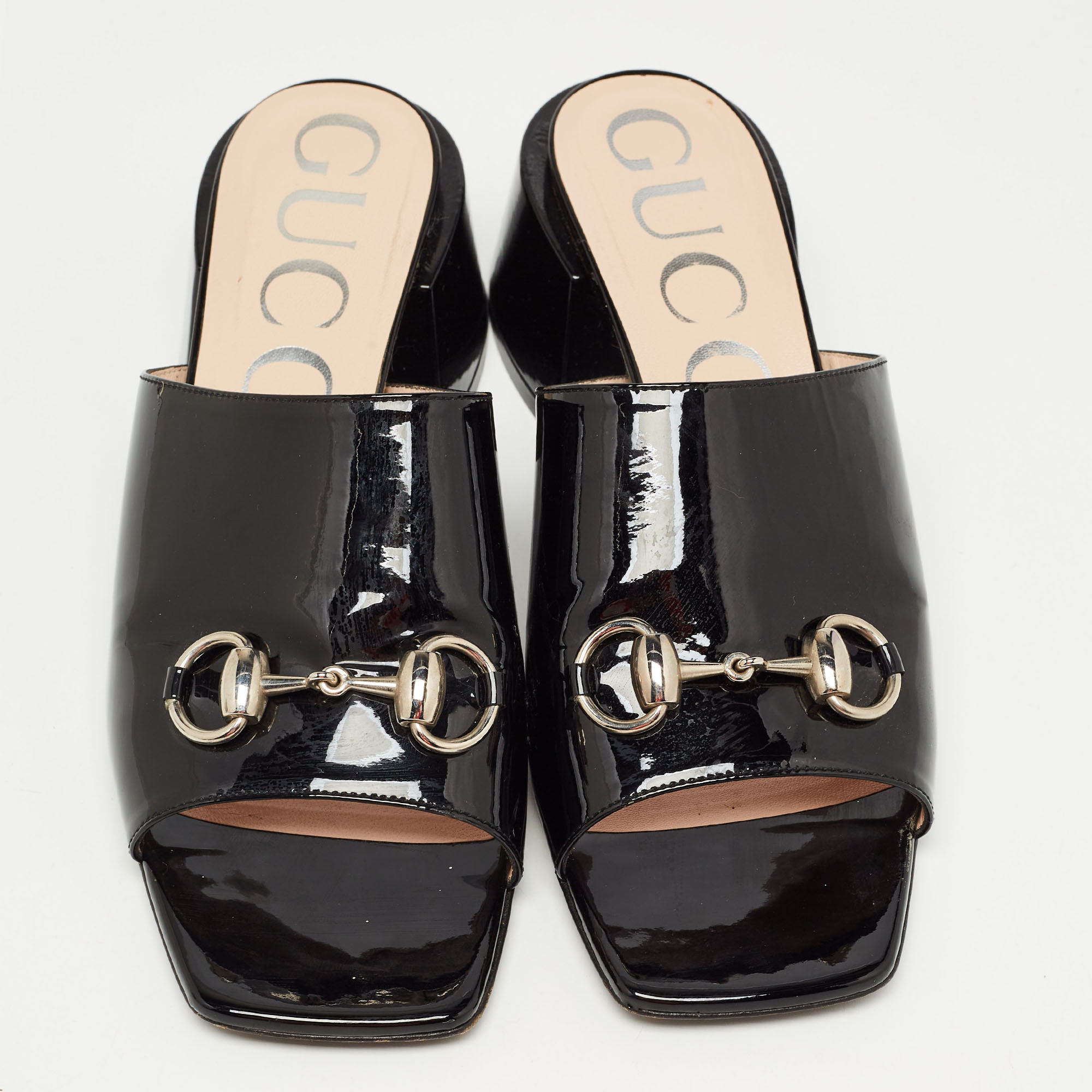Gucci Black Patent Leather Horsebit Block Heel Slide Sandals Size 39.5
