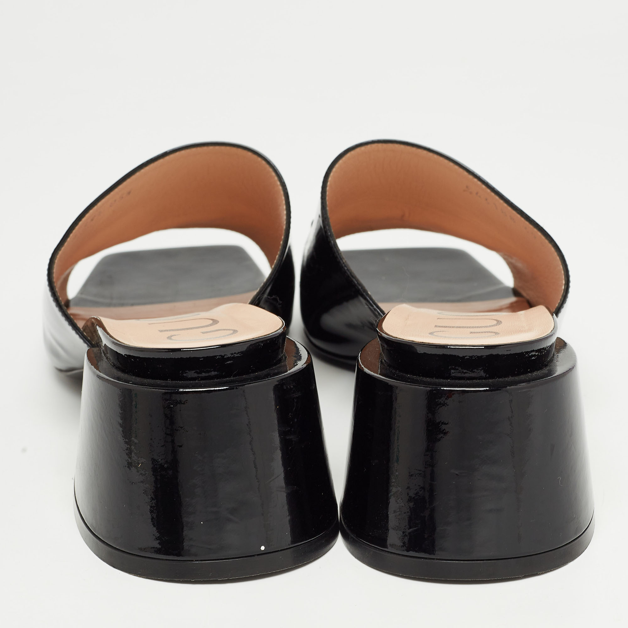 Gucci Black Patent Leather Horsebit Block Heel Slide Sandals Size 39.5