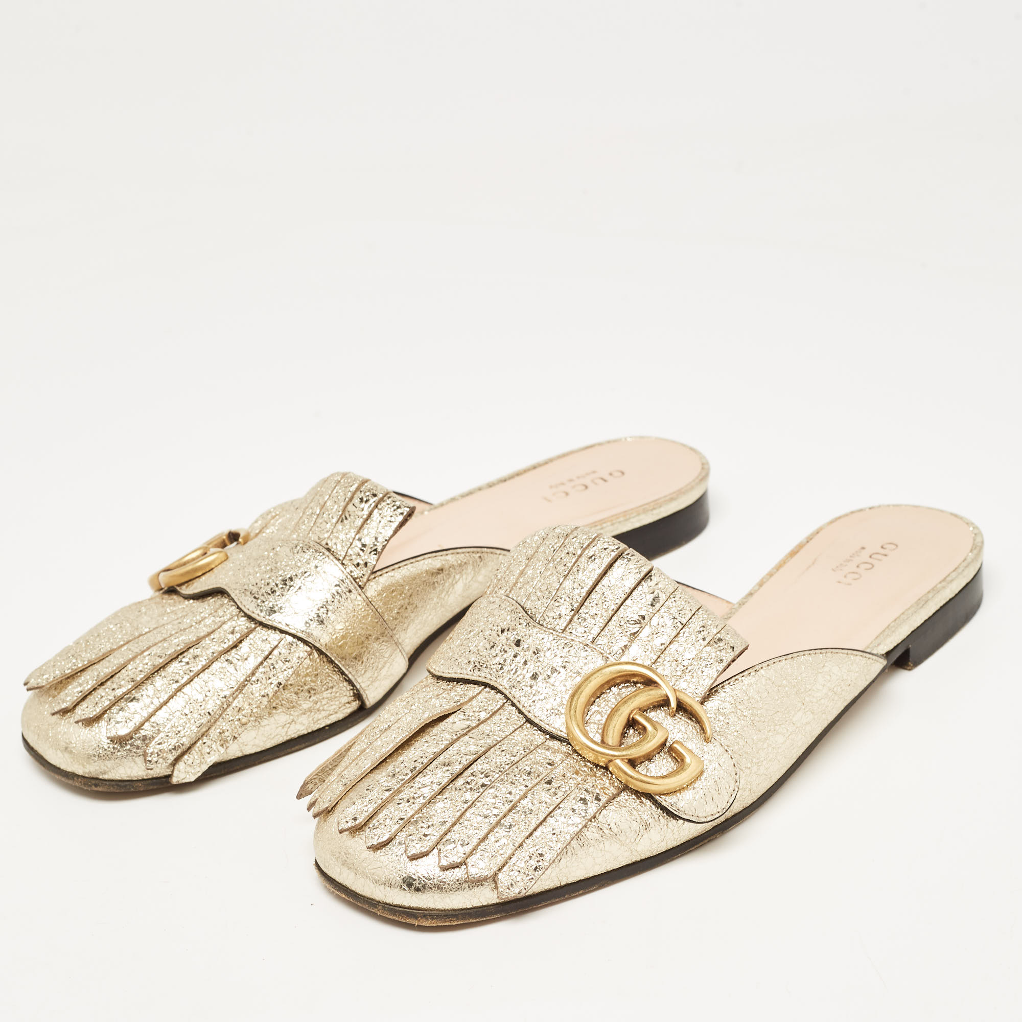 

Gucci Gold Crinkled Leather GG Marmont Flat Mules Size