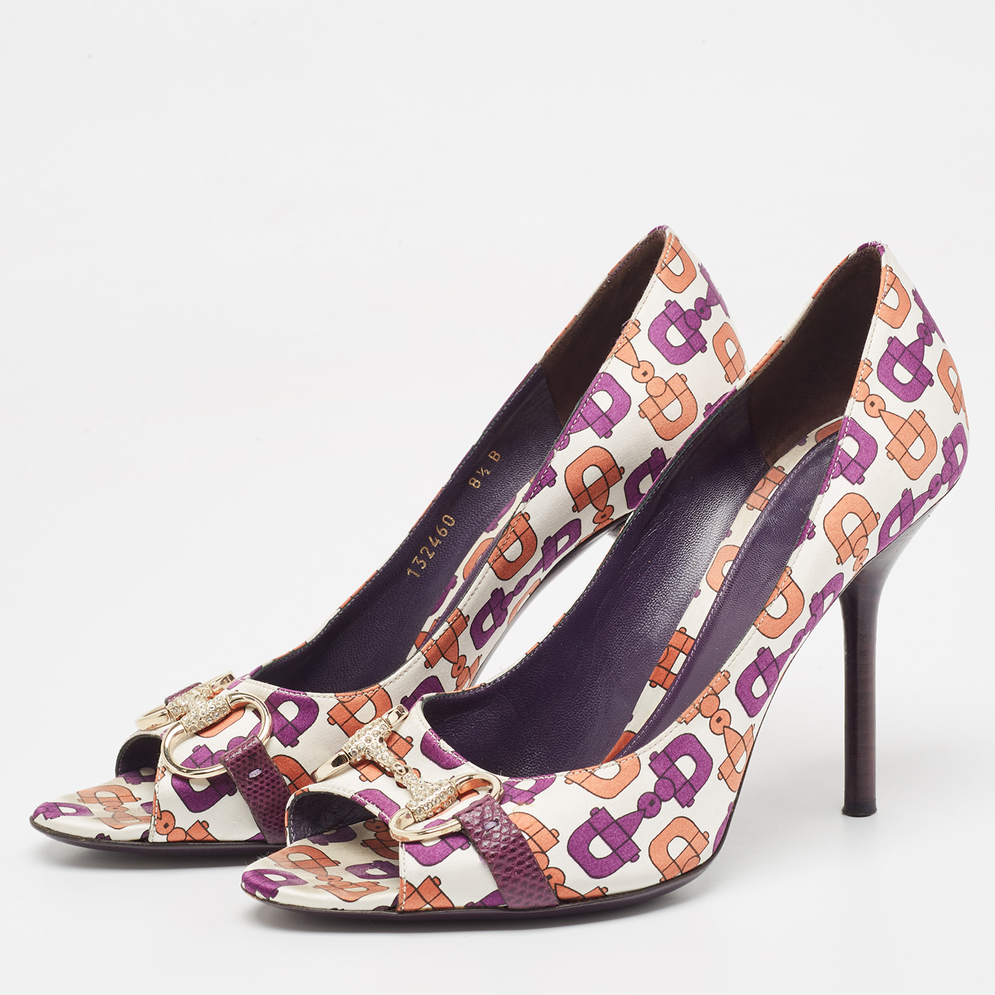 Gucci Multicolor Satin Horsebit Peep Toe Pumps Size 38.5