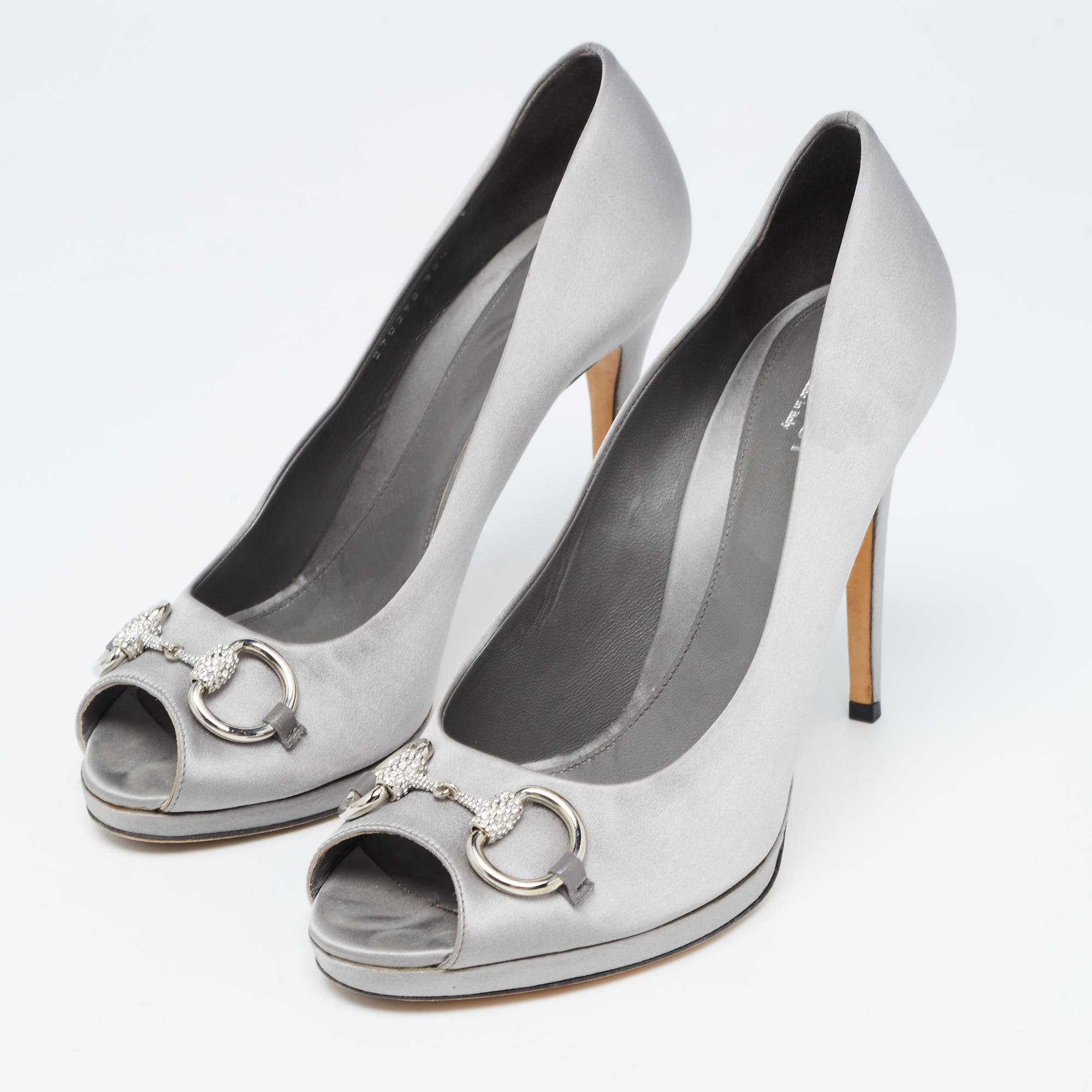 Gucci Grey Satin Horsebit Crystal Embellished Peep Toe Pumps Size 38.5