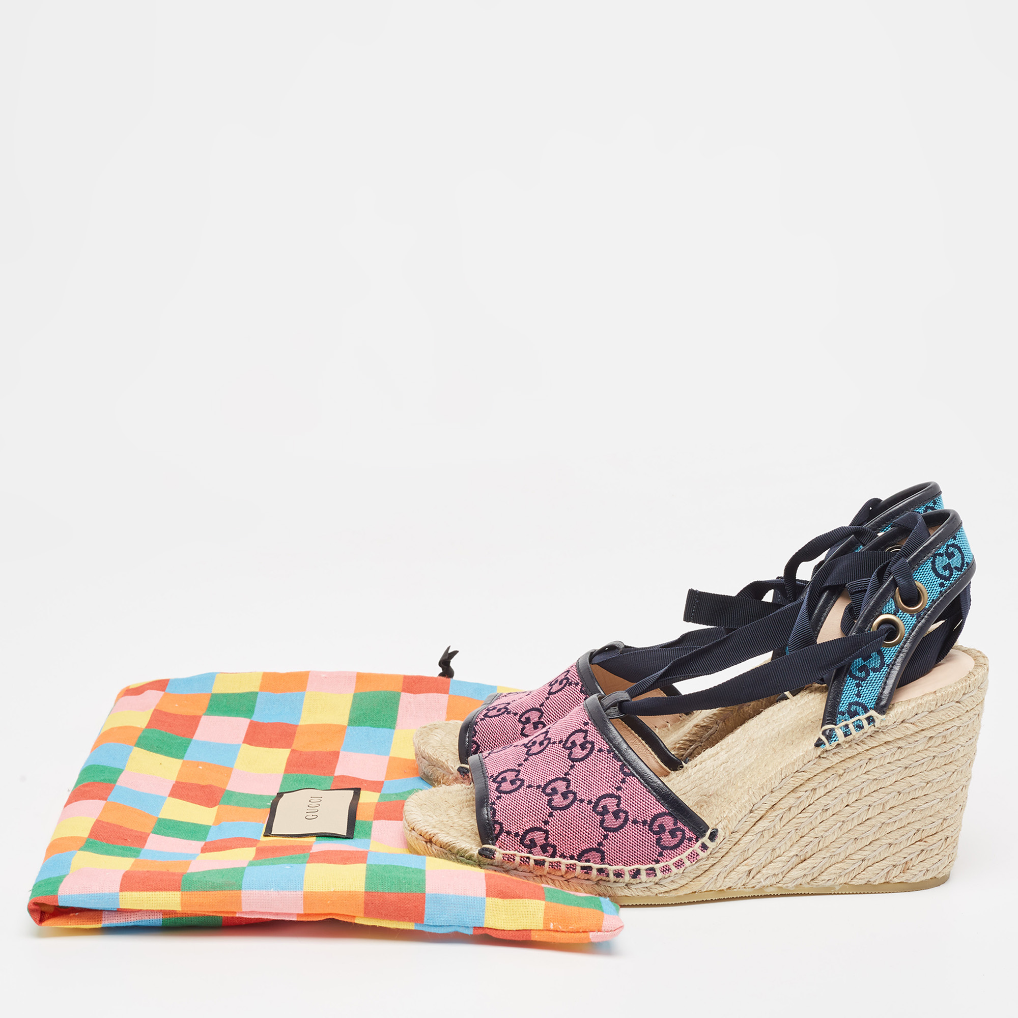 Gucci Multicolor Canvas And Leather Wedge Sandals Size 41