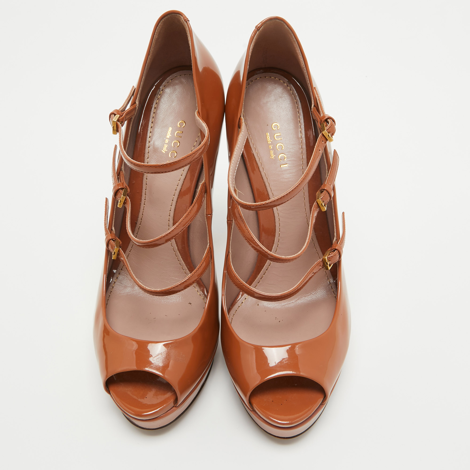 Gucci Brown Patent Leather Lisbeth Open Toe Pumps Size 38.5