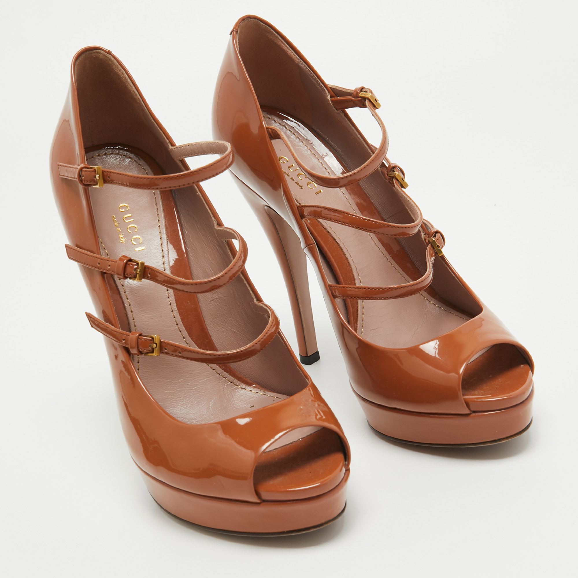 Gucci Brown Patent Leather Lisbeth Open Toe Pumps Size 38.5