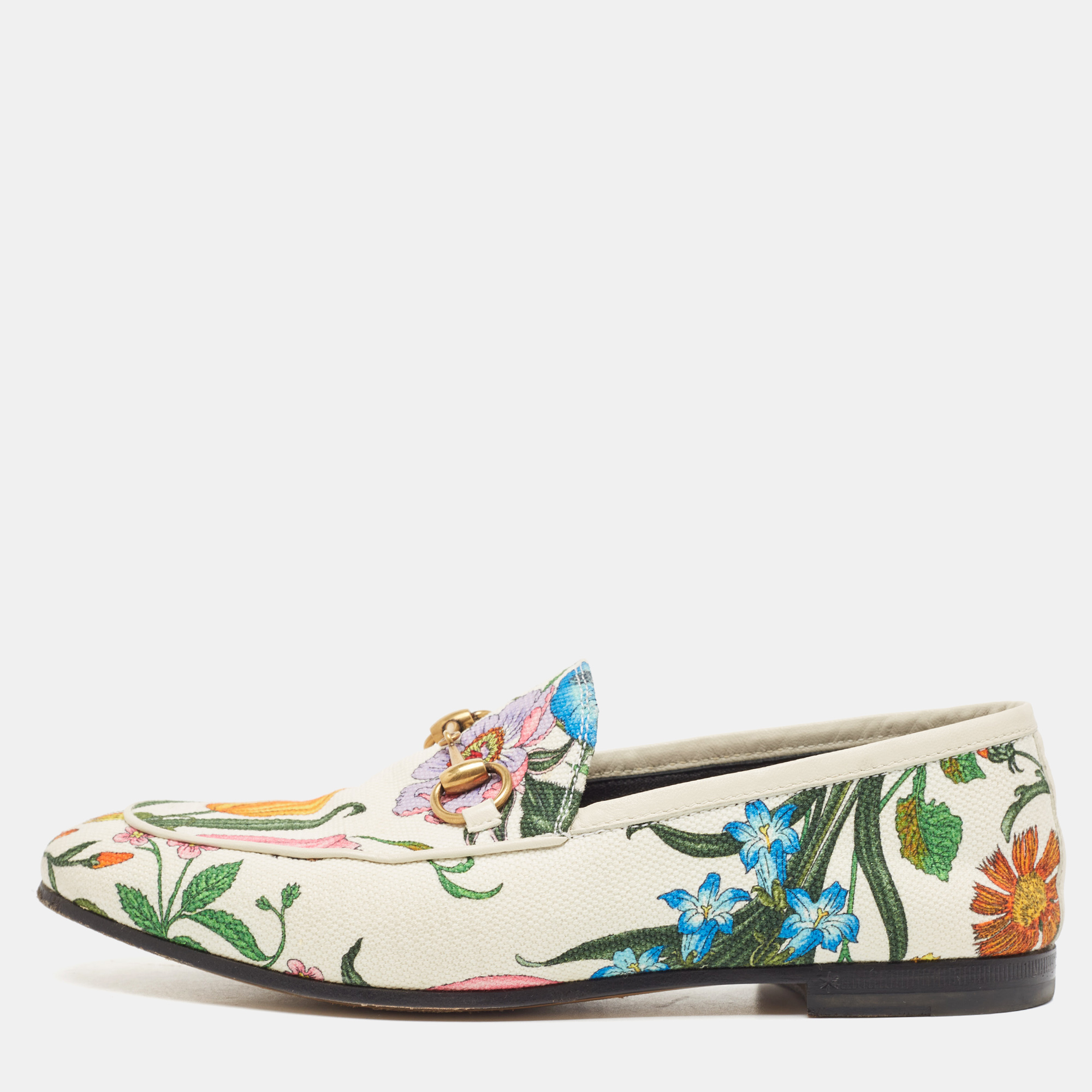 Gucci white floral canvas jordaan horsebit slip on loafers size 35