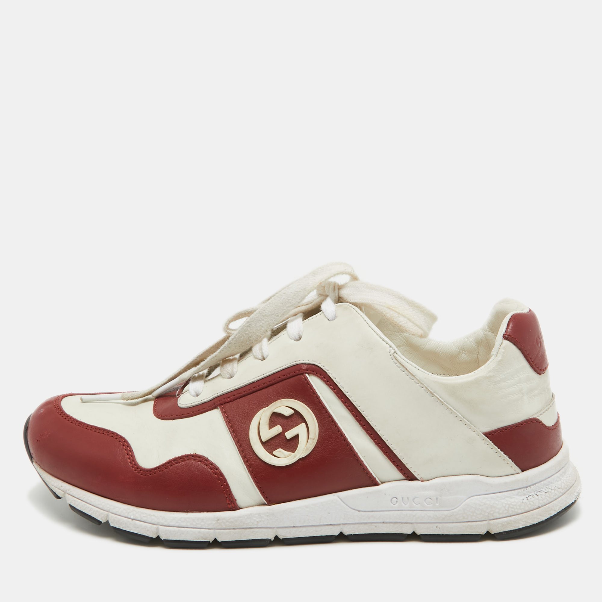 Gucci dark red/white leather interlocking g low top sneakers size 37