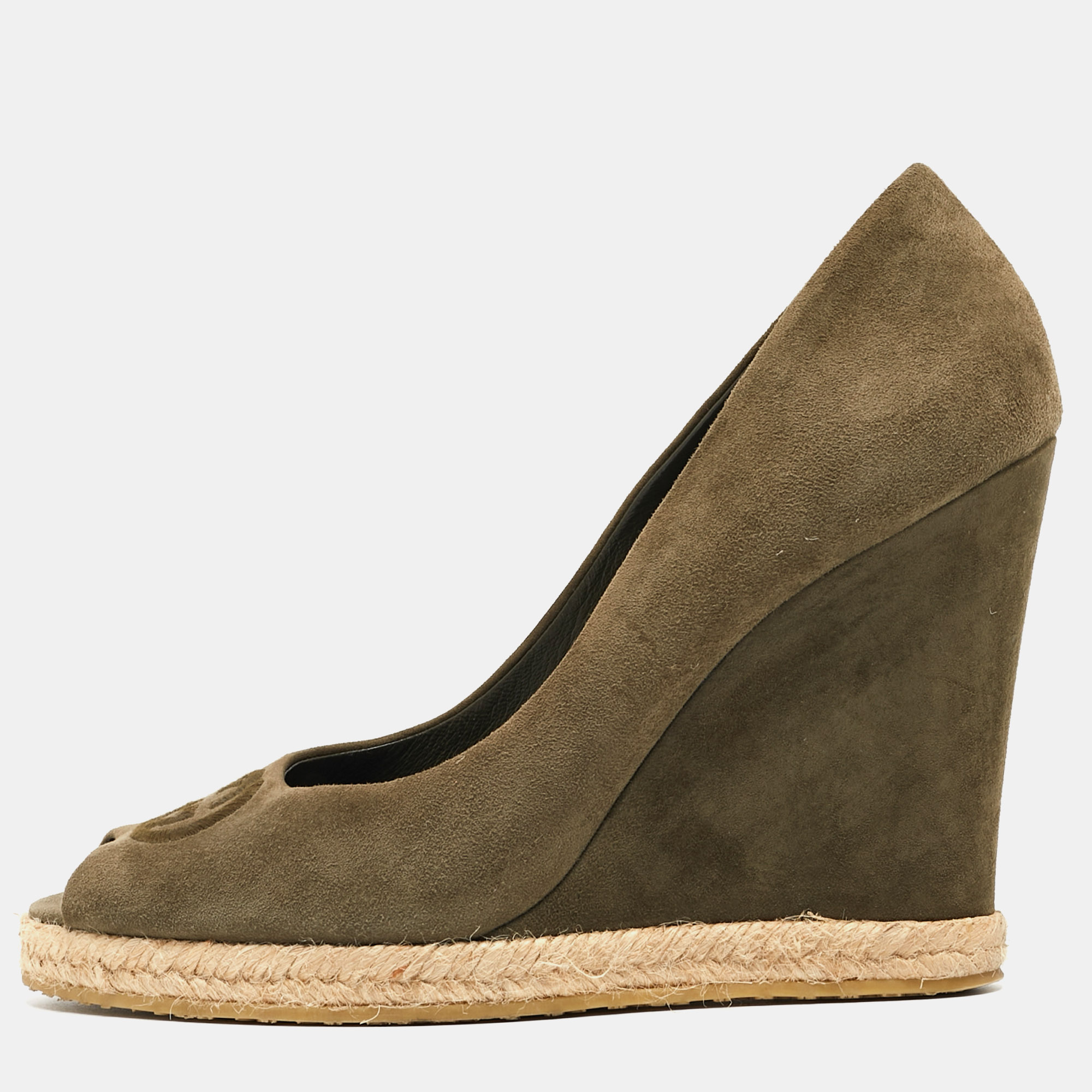 Gucci green suede peep toe wedge pumps size 40