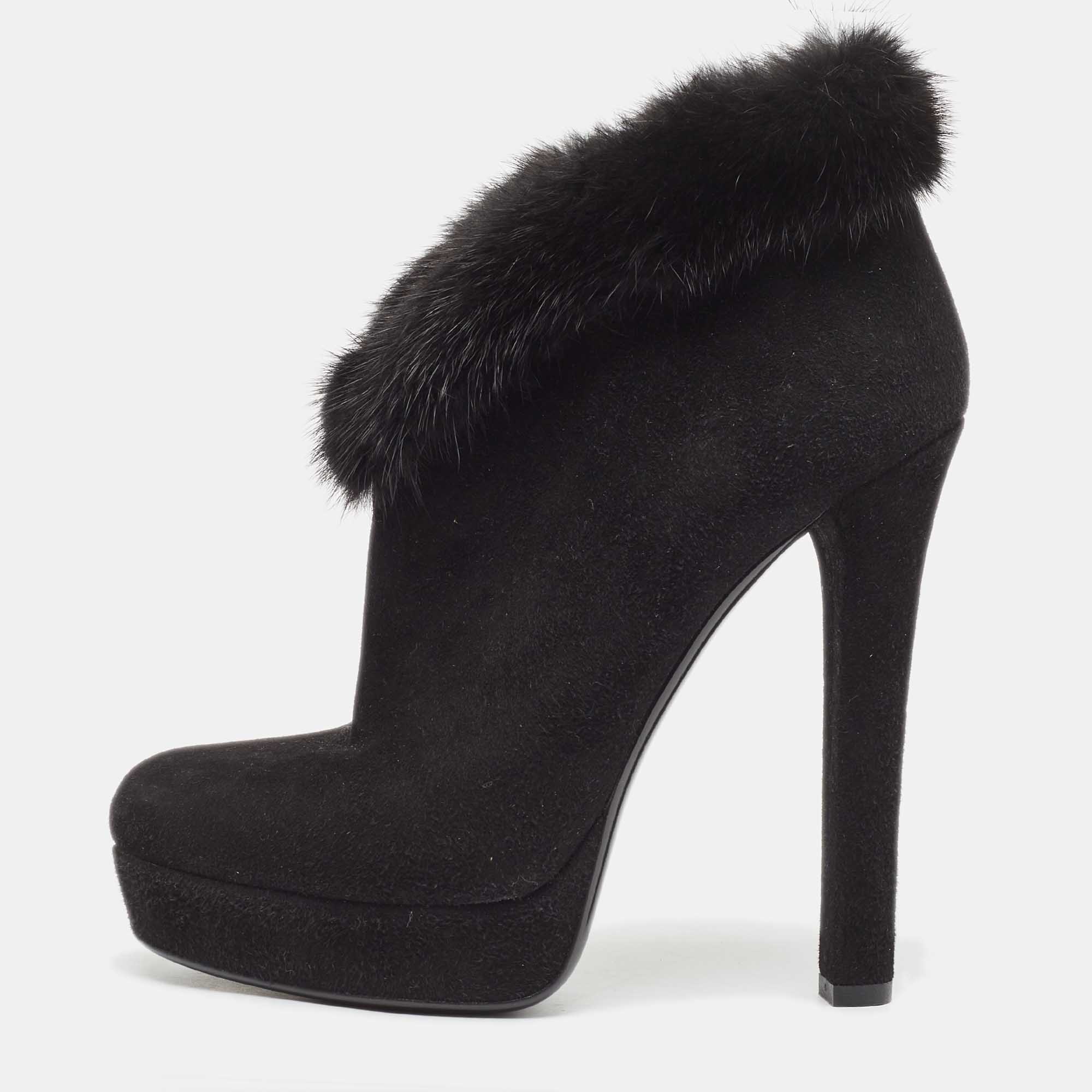 Gucci black suede and fur trim ankle boots size 37