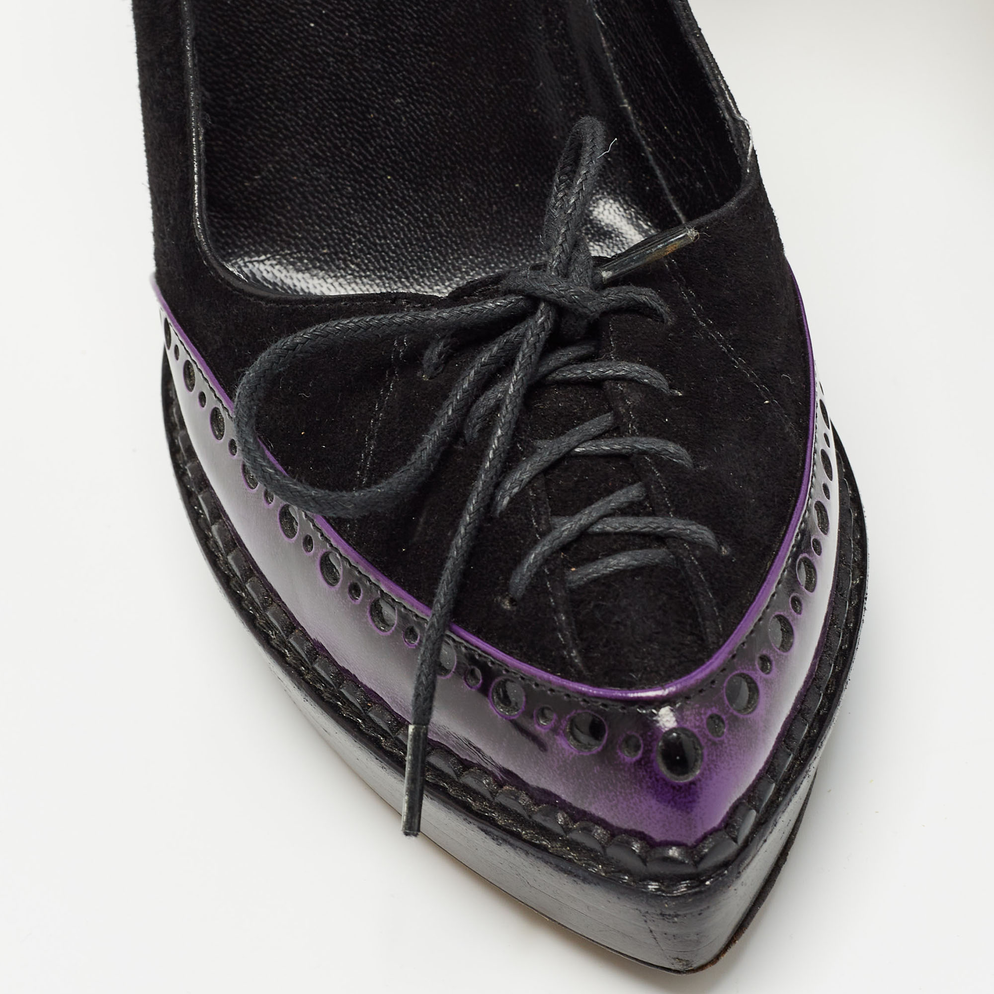 Gucci Black/Purple Suede And Patent Leather Lace Up Platform Pumps Size 36.5