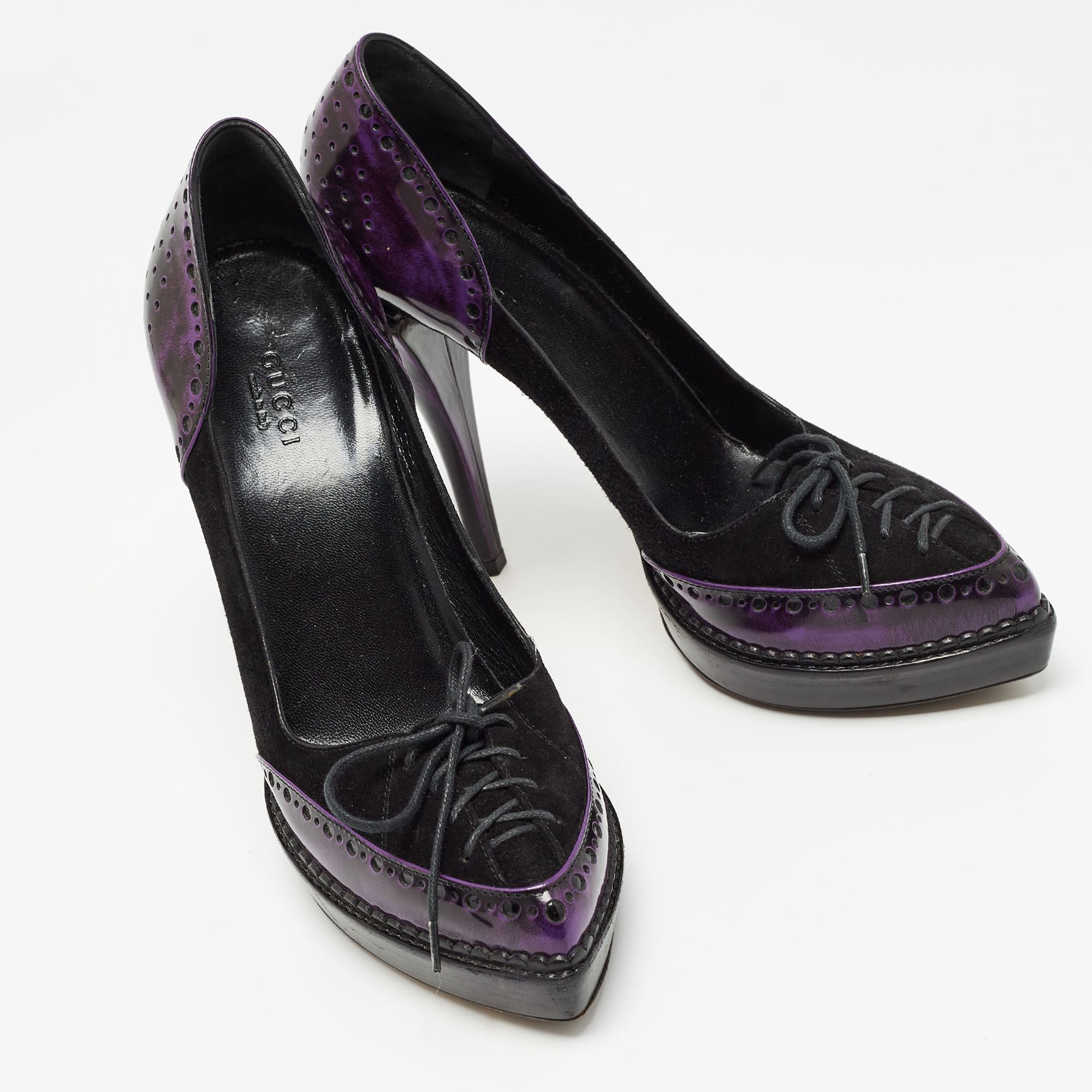 Gucci Black/Purple Suede And Patent Leather Lace Up Platform Pumps Size 36.5