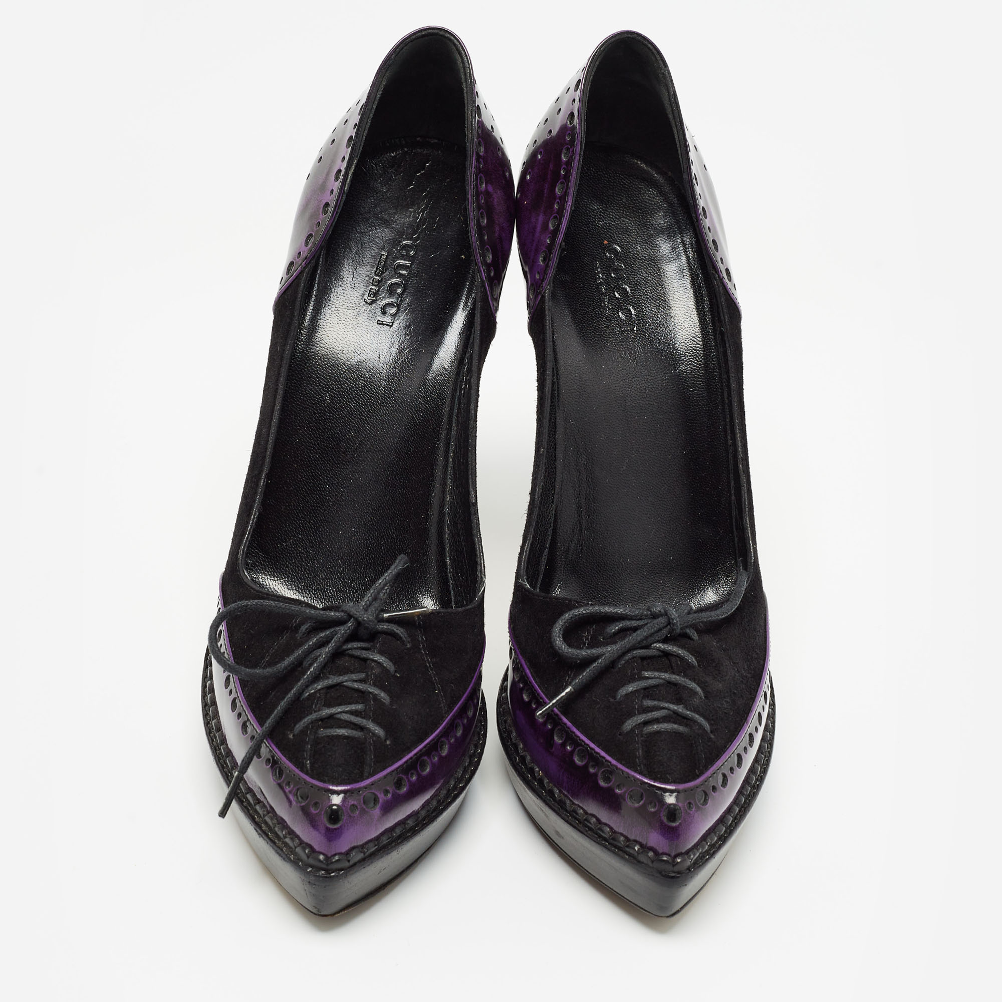 Gucci Black/Purple Suede And Patent Leather Lace Up Platform Pumps Size 36.5