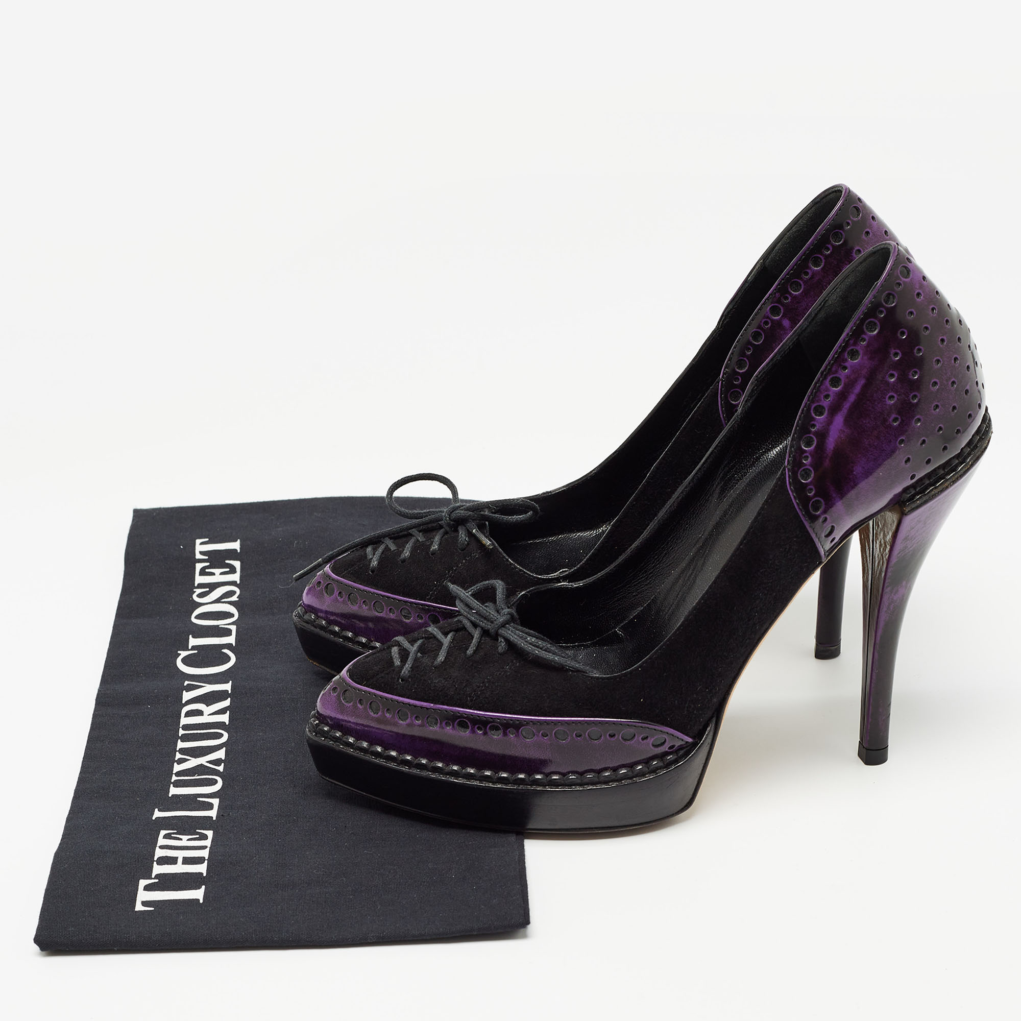 Gucci Black/Purple Suede And Patent Leather Lace Up Platform Pumps Size 36.5