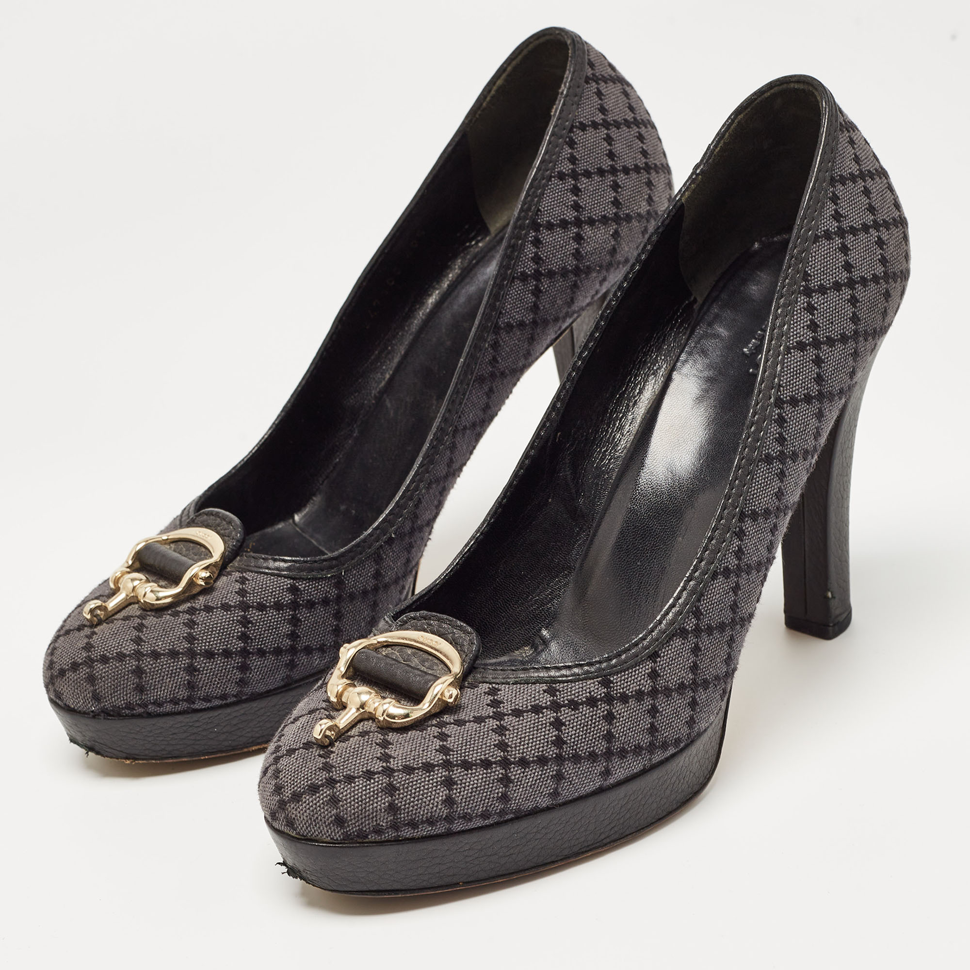 Gucci Blue/Lead Diamante Canvas And Leather Trim Icon Bit Platform Peep Toe Pump Size 40.5