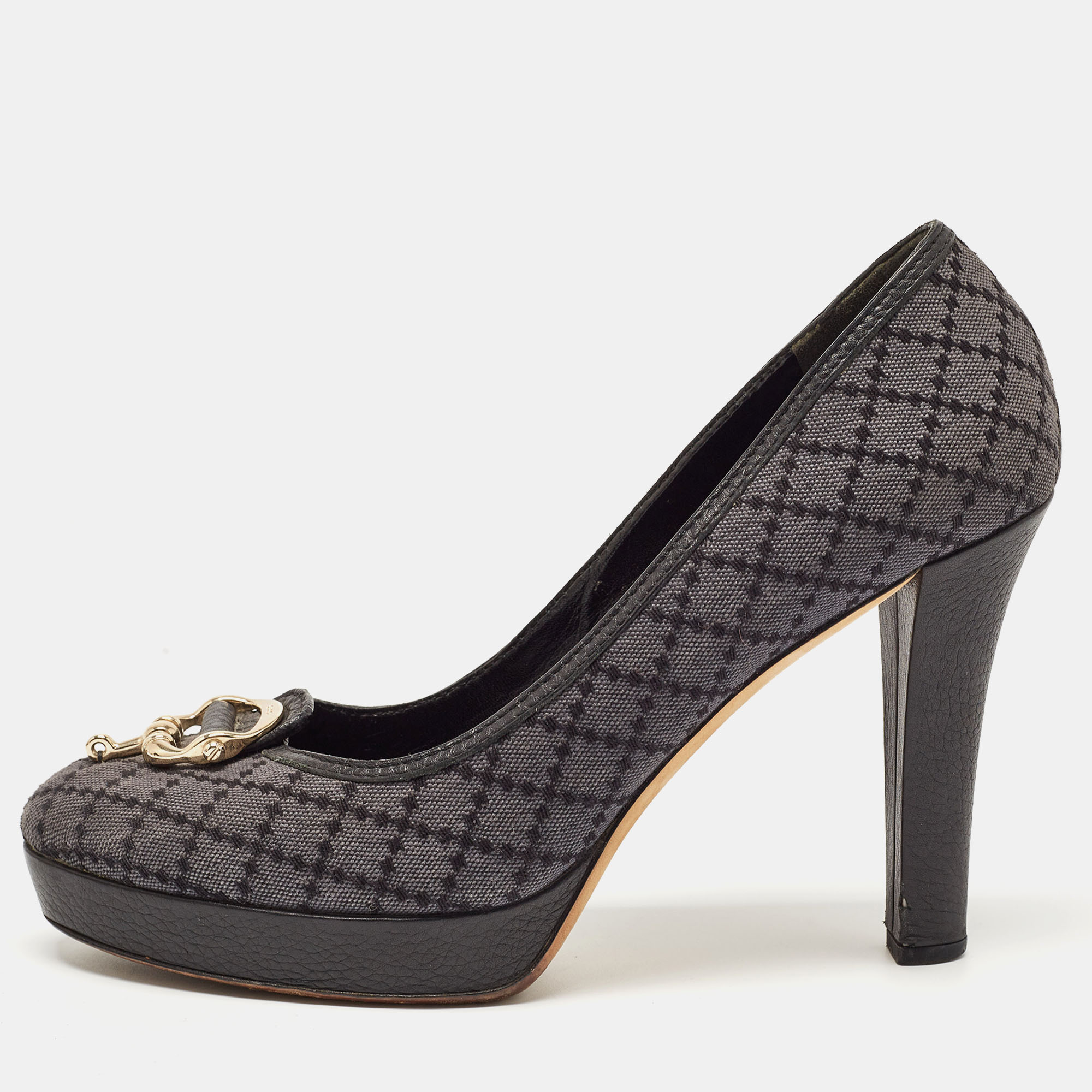 Gucci blue/lead diamante canvas and leather trim icon bit platform peep toe pump size 40.5