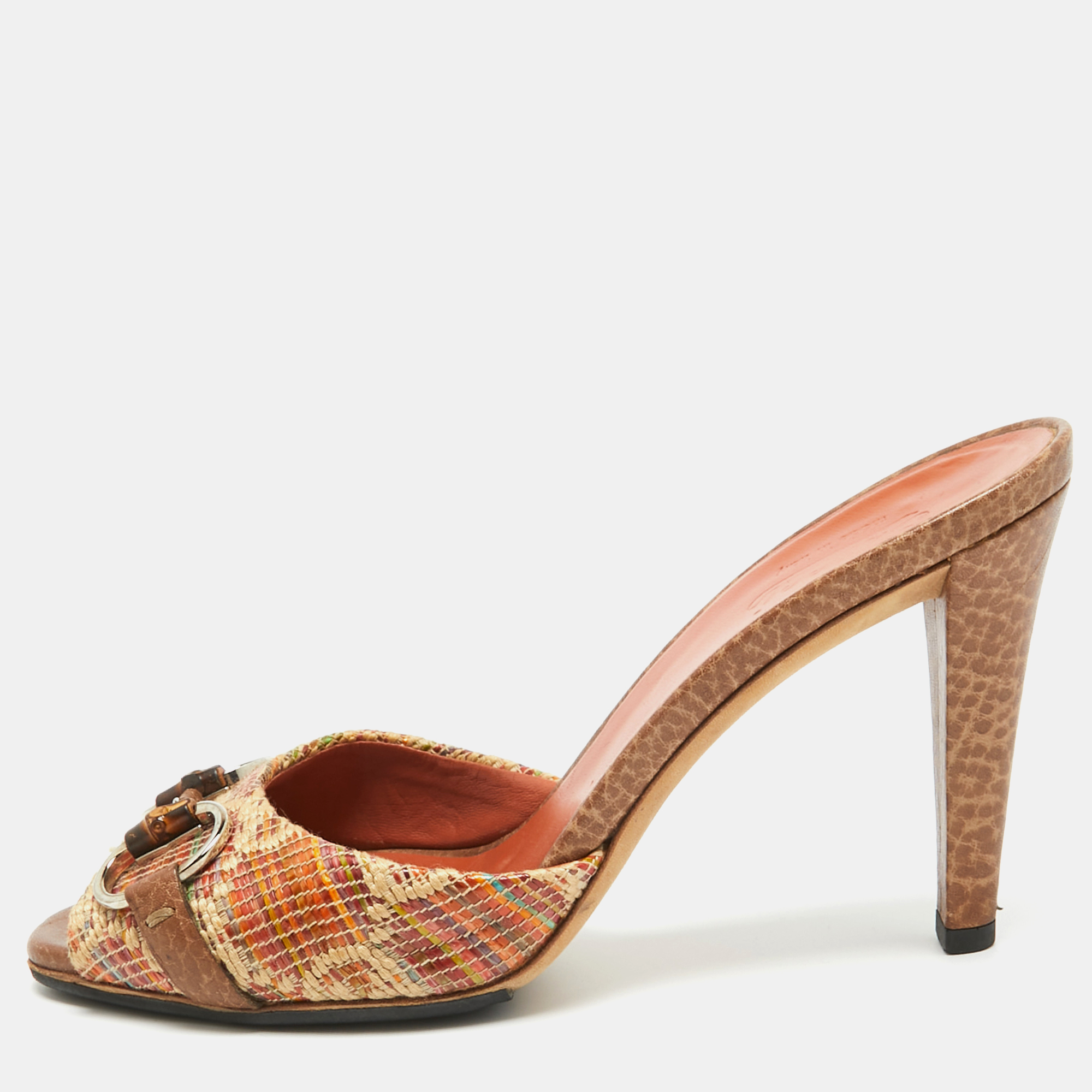 Gucci brown raffia  horsebit slide sandals size 37