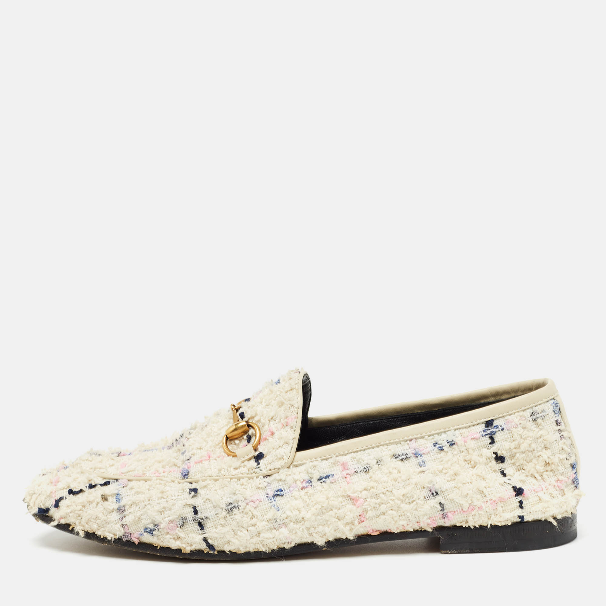 Gucci multicolor tweed jordaan horsebit slip on loafers size 38.5