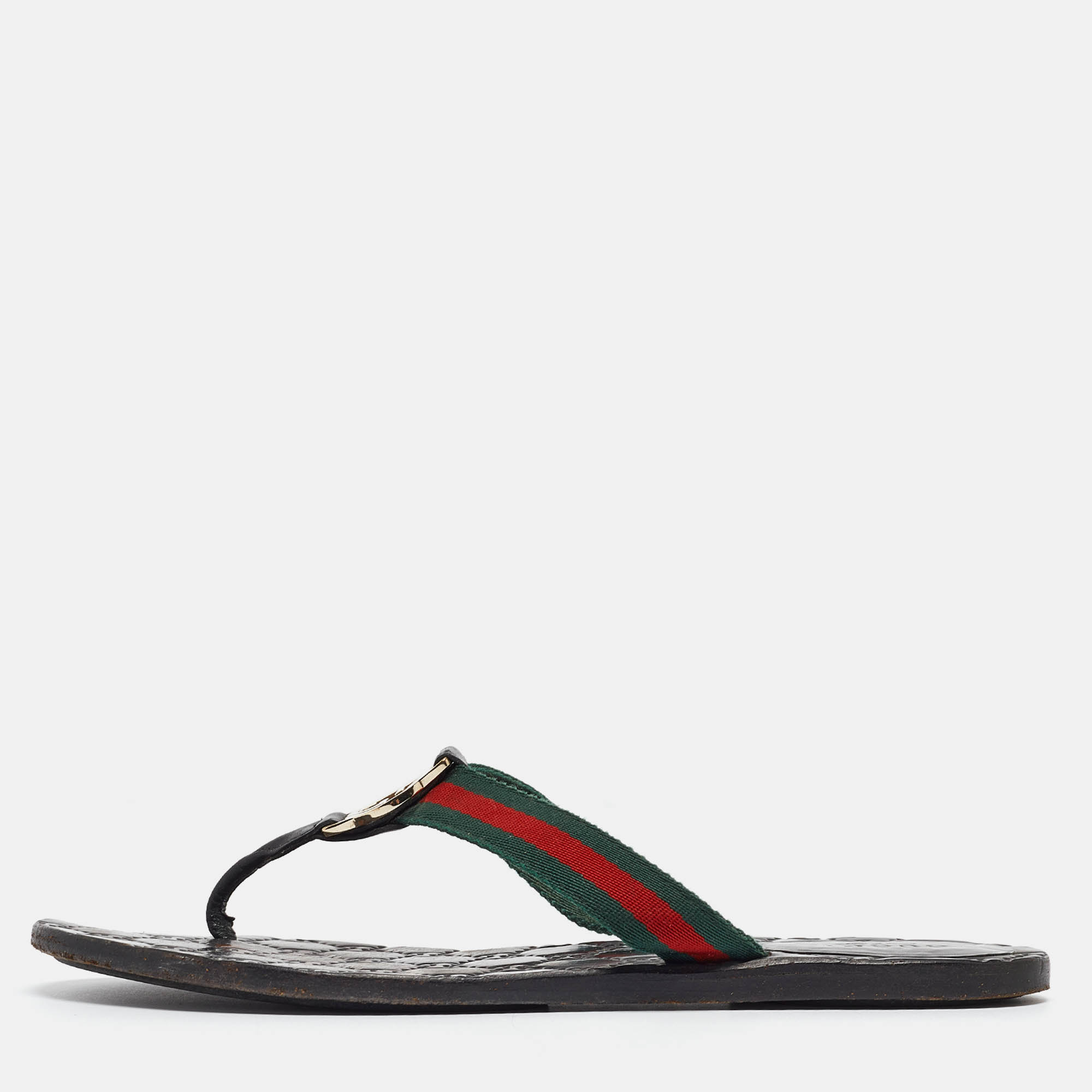Gucci tricolor leather and canvas web interlocking g thong flats size 38