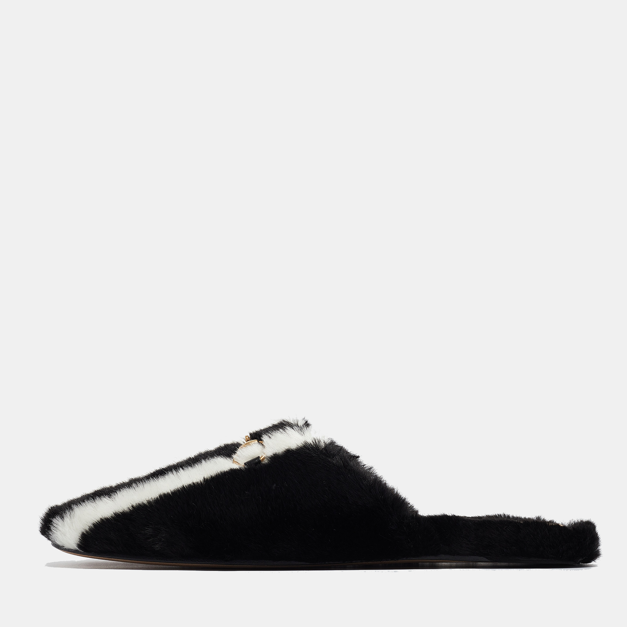 Gucci x adidas black/white stripes fur horsebit flat mules size 38