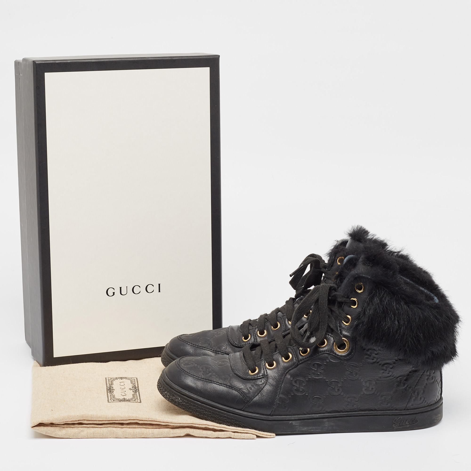 Gucci Black Guccissima Leather And Fur Trim Cada High Top Sneakers Size 38.5