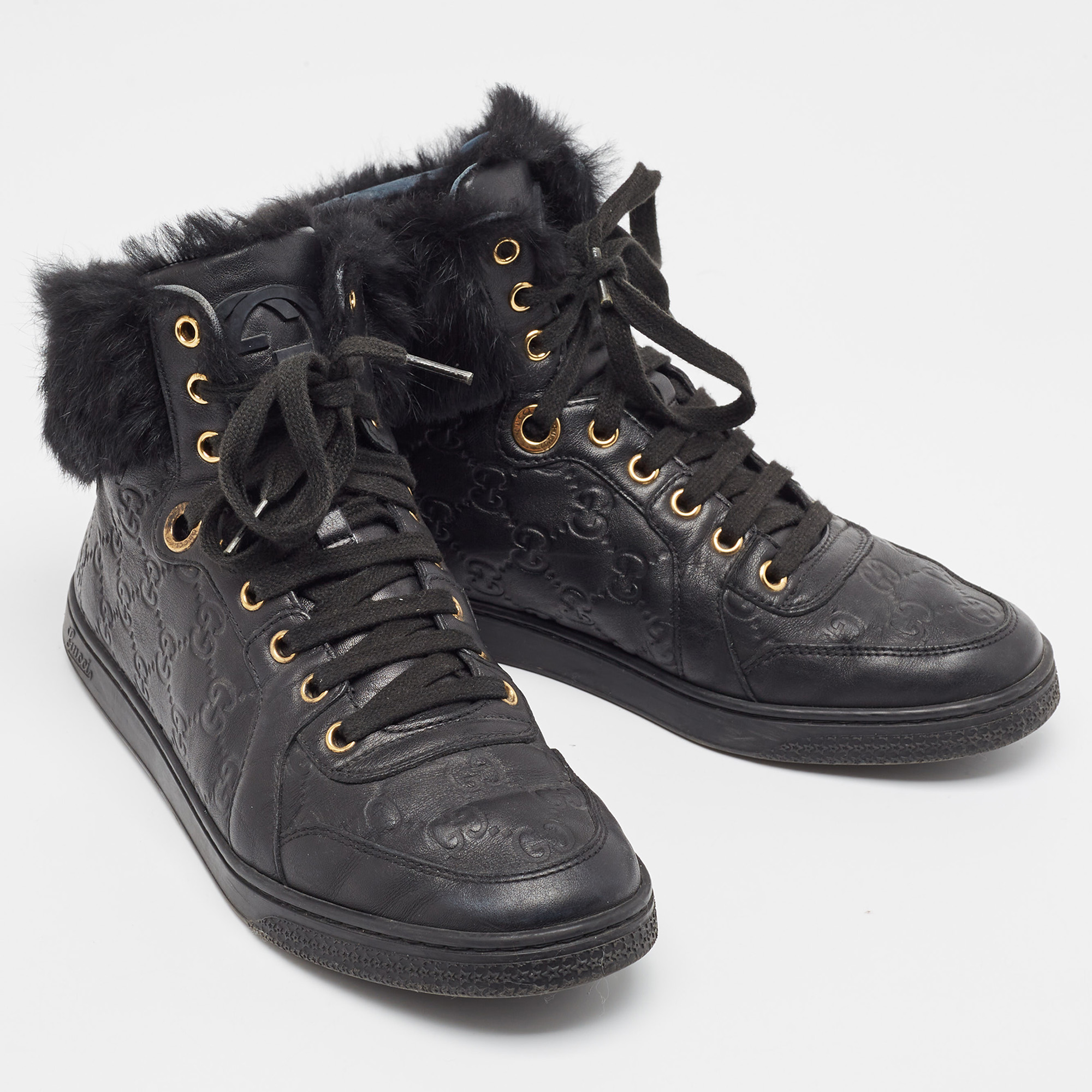 Gucci Black Guccissima Leather And Fur Trim Cada High Top Sneakers Size 38.5