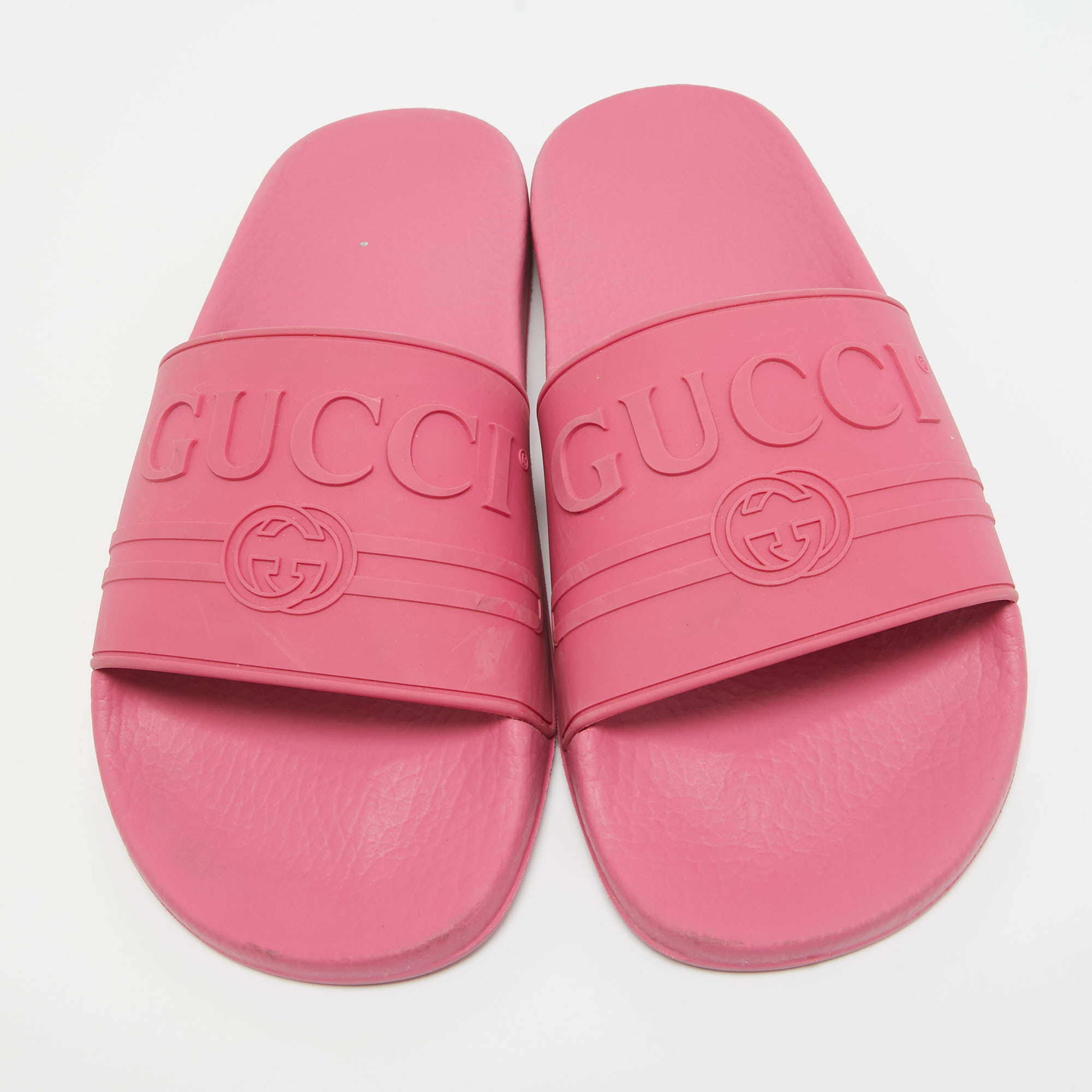 Gucci Pink Rubber Interlocking Logo Slides Size 39