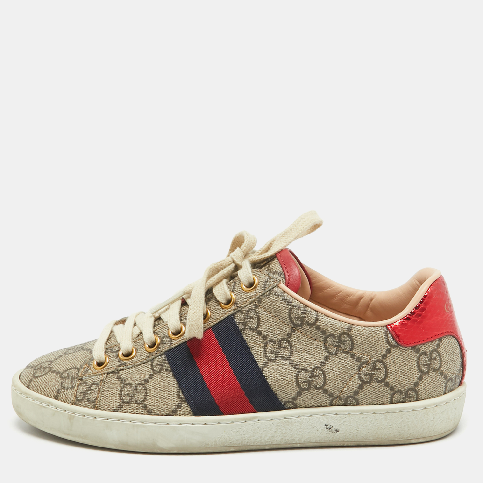 Gucci beige/brown gg supreme canvas ace sneakers size 34