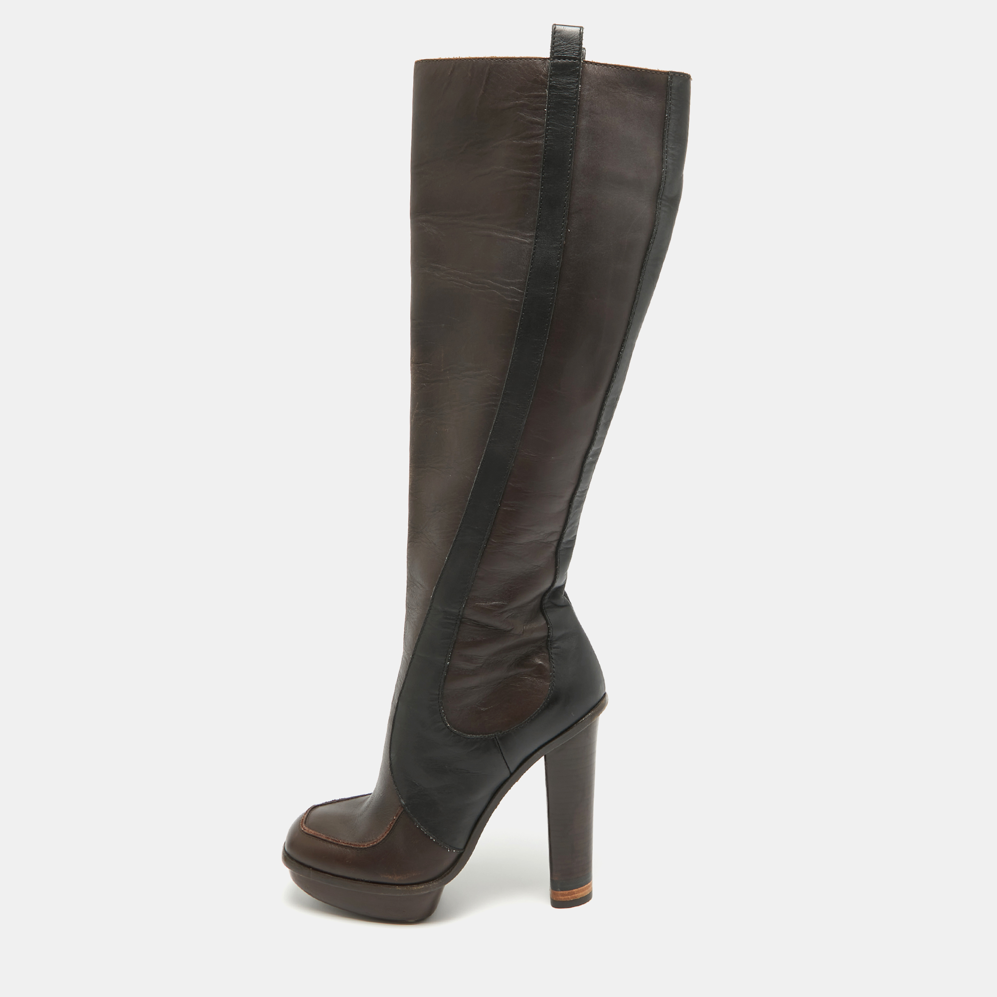 Gucci brown leather platform knee length boots size 36
