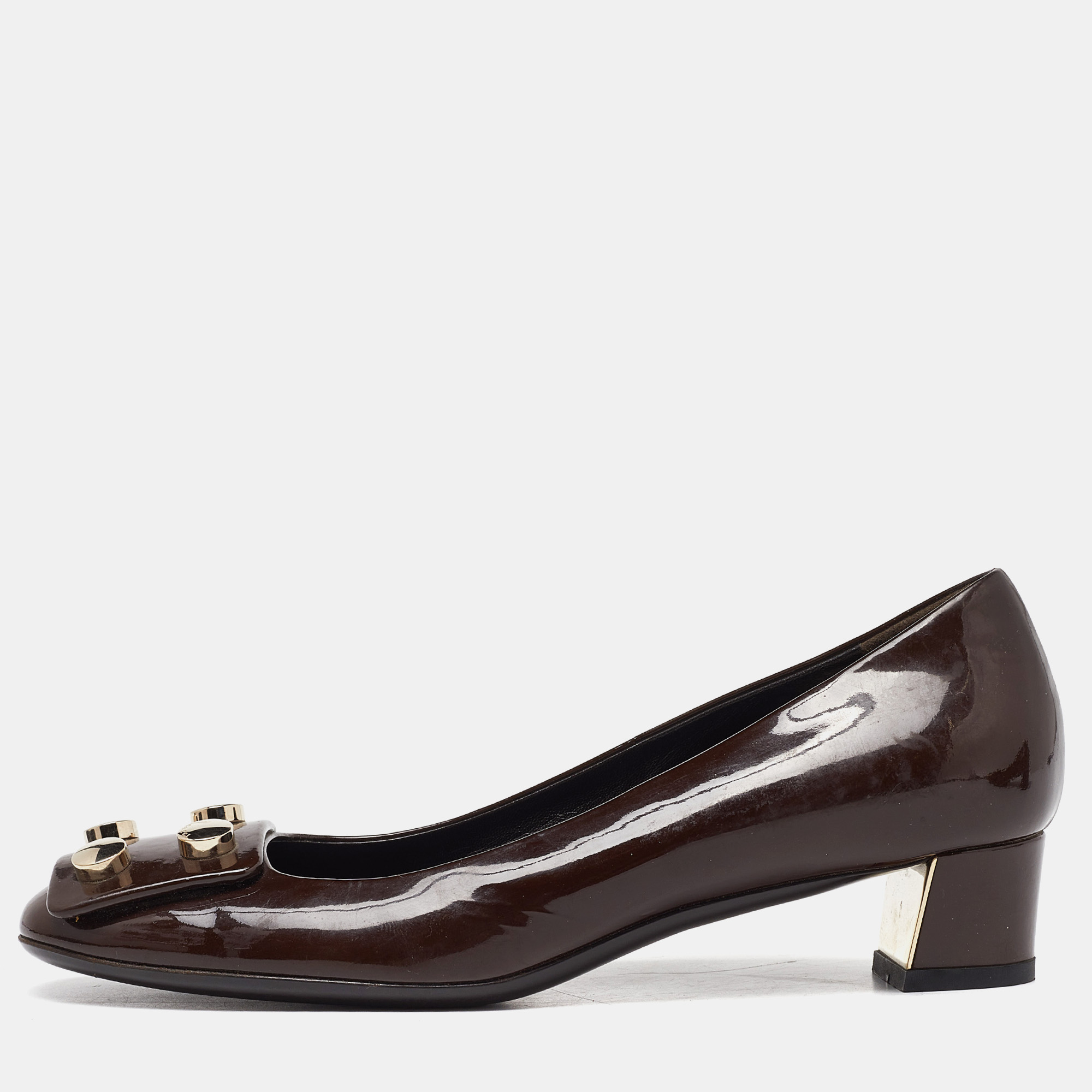 Gucci brown patent leather block heel pumps size 35.5