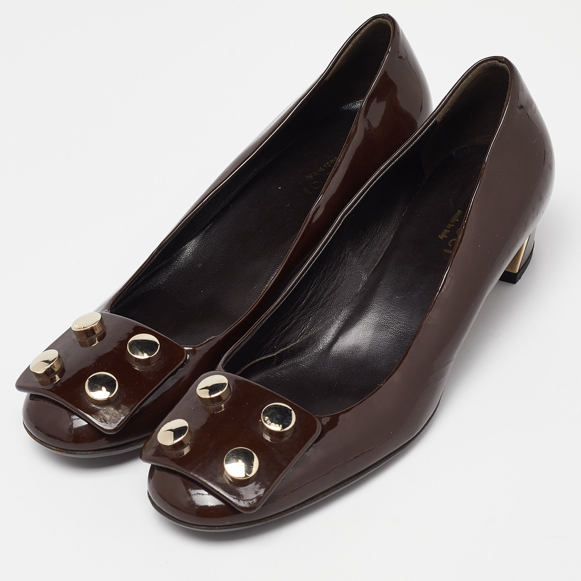 Gucci Brown Patent Leather Block Heel Pumps Size 35.5