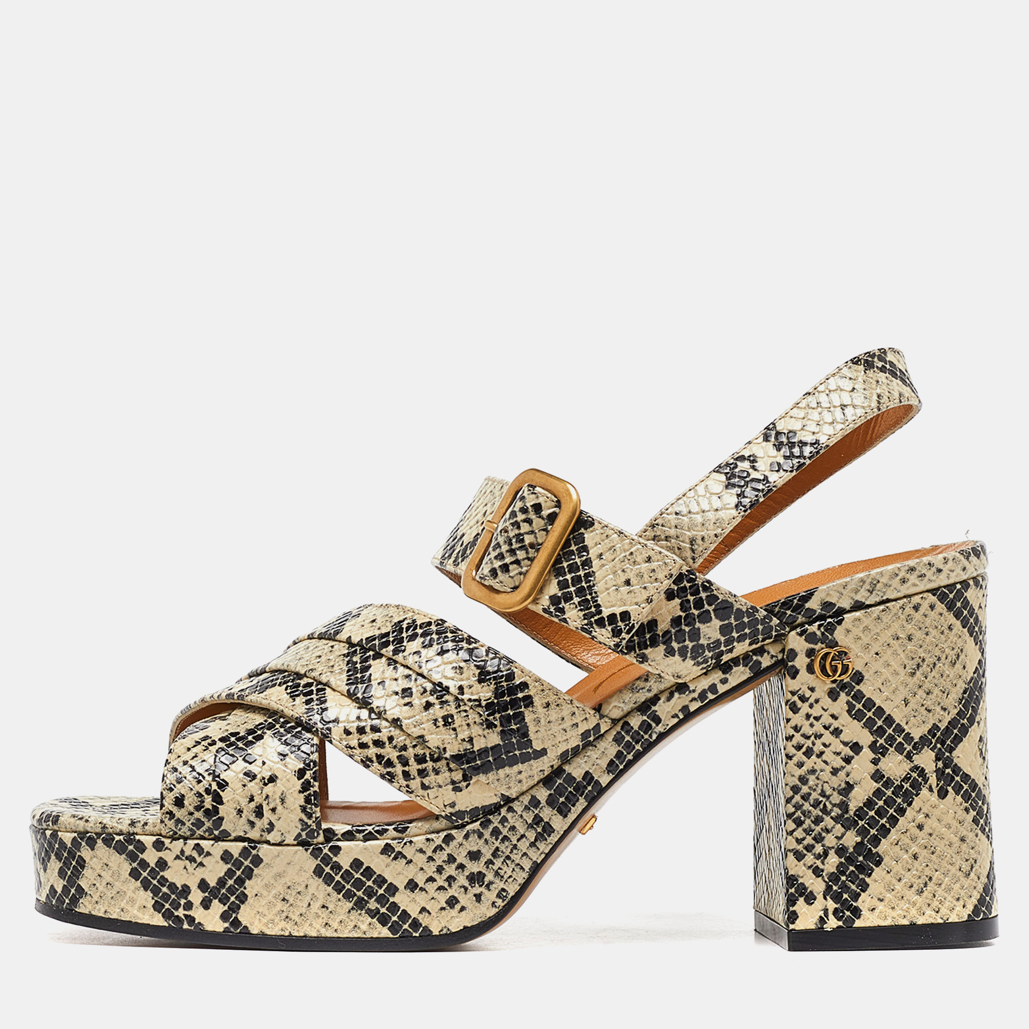 Gucci beige/black python embossed platform block heel ankle strap sandals 38.5