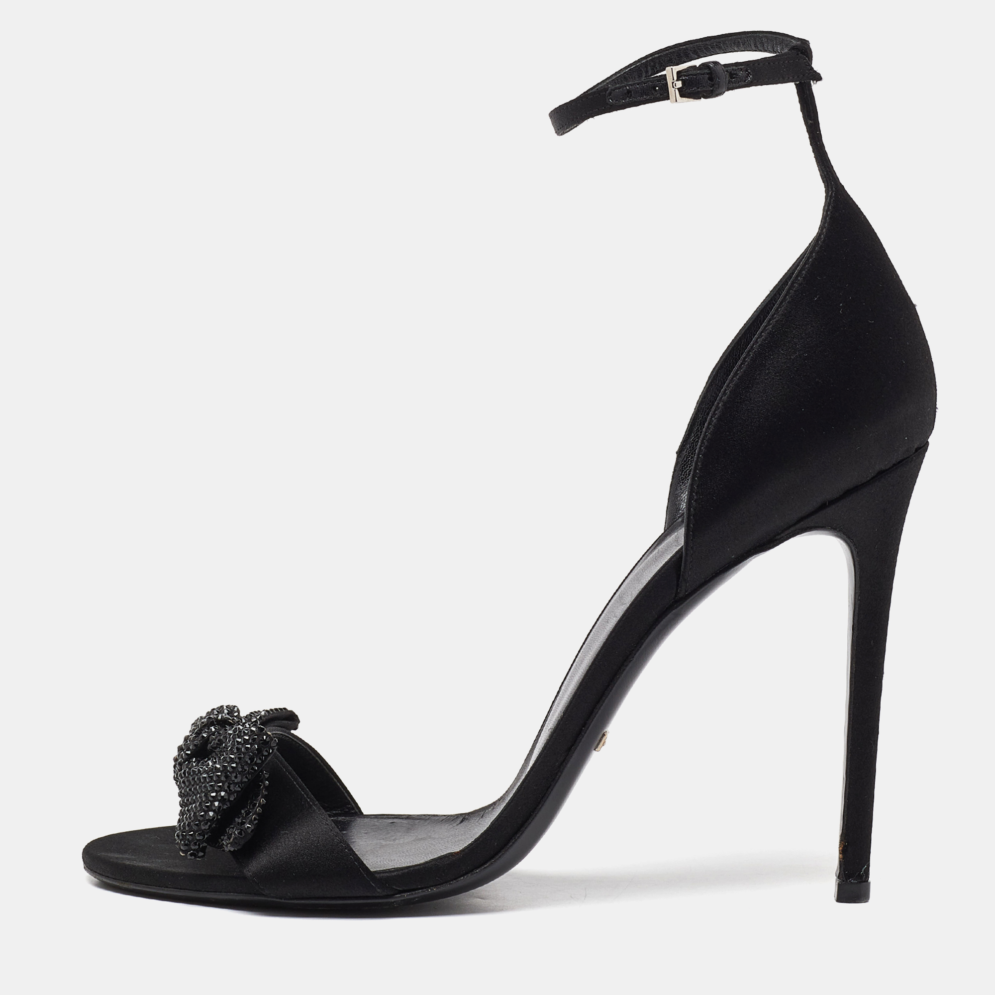 Gucci black satin crystal embellished bow open toe ankle strap sandals size 41
