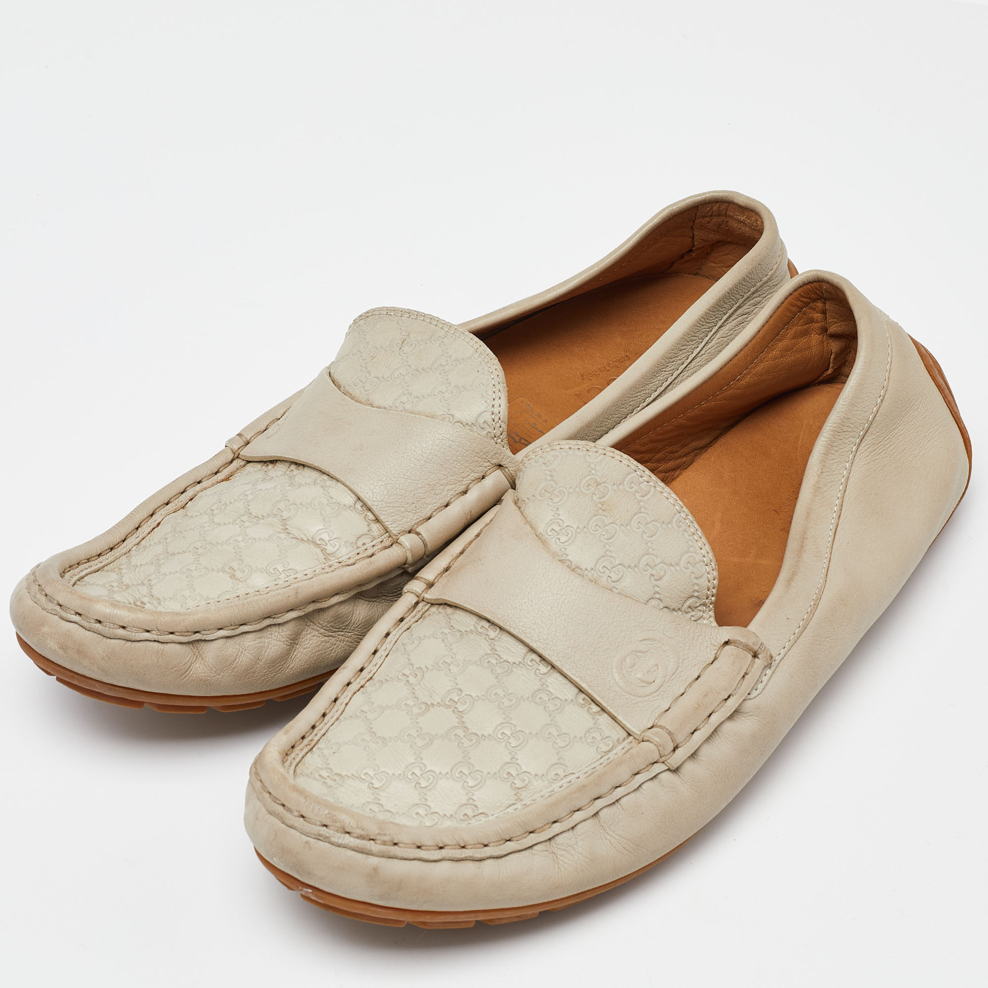 Gucci Beige GG Leather Slip On Loafers Size 38.5