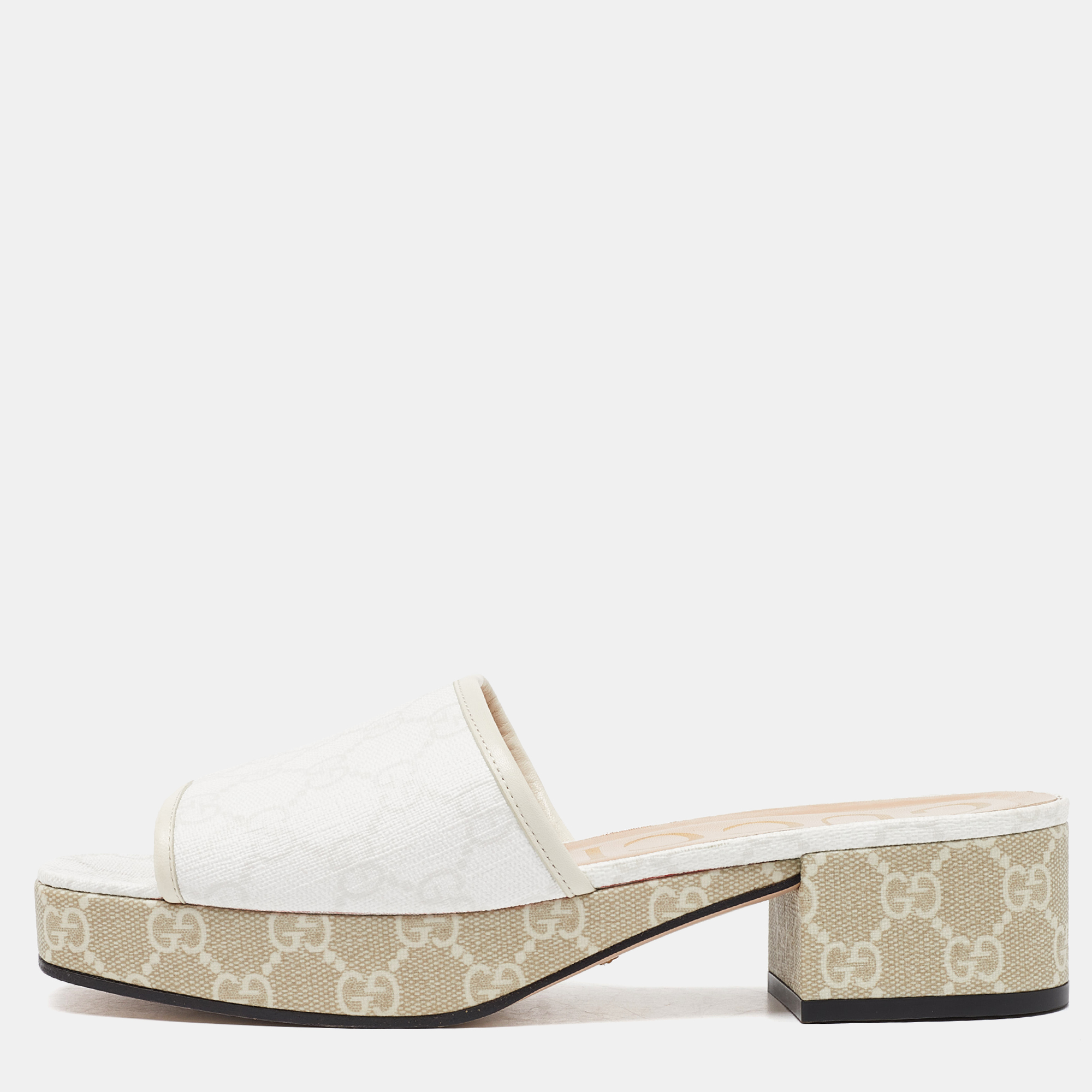 Gucci white gg canvas block heel slide sandals size 38