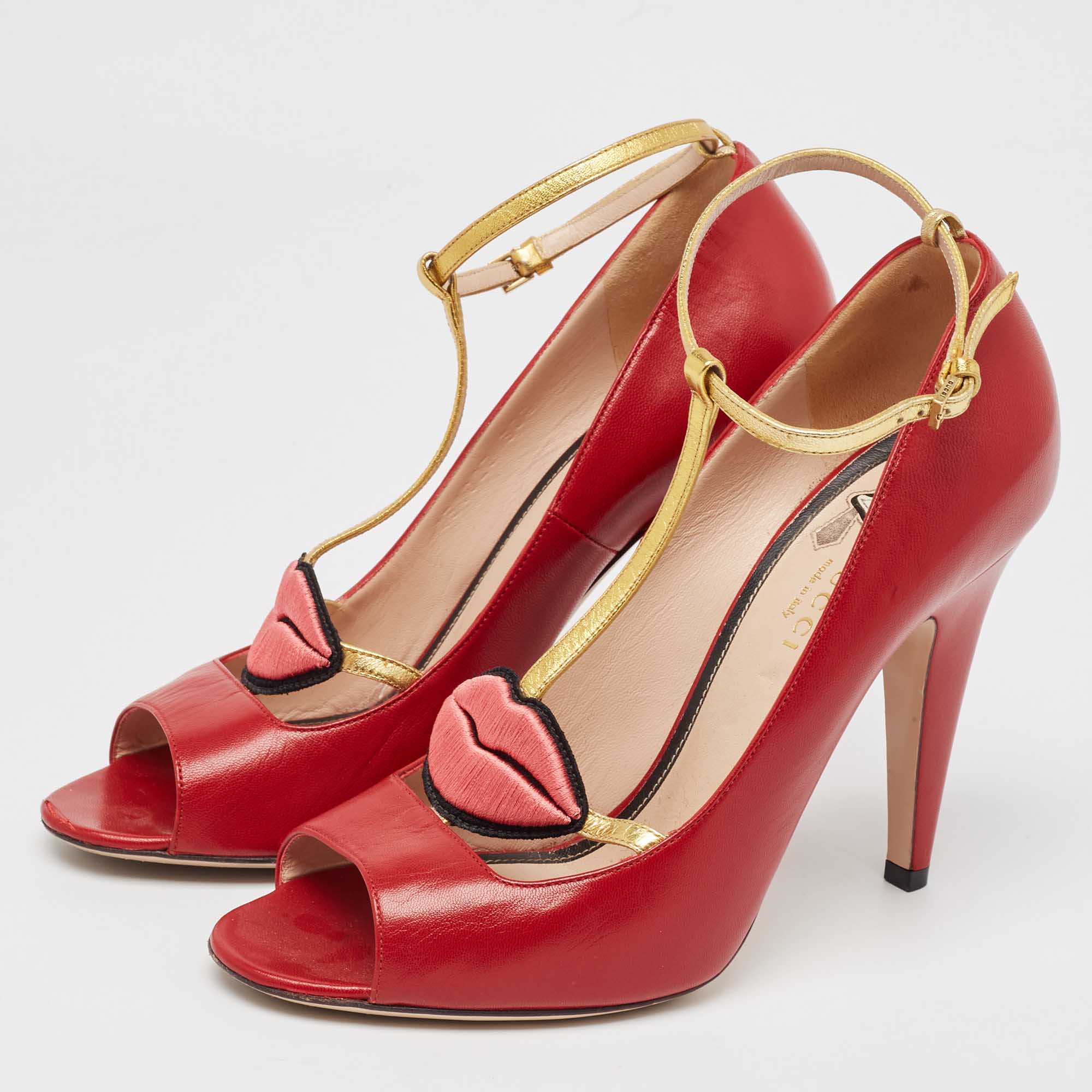 Gucci Red/Gold Leather Molina Pumps Size 38.5