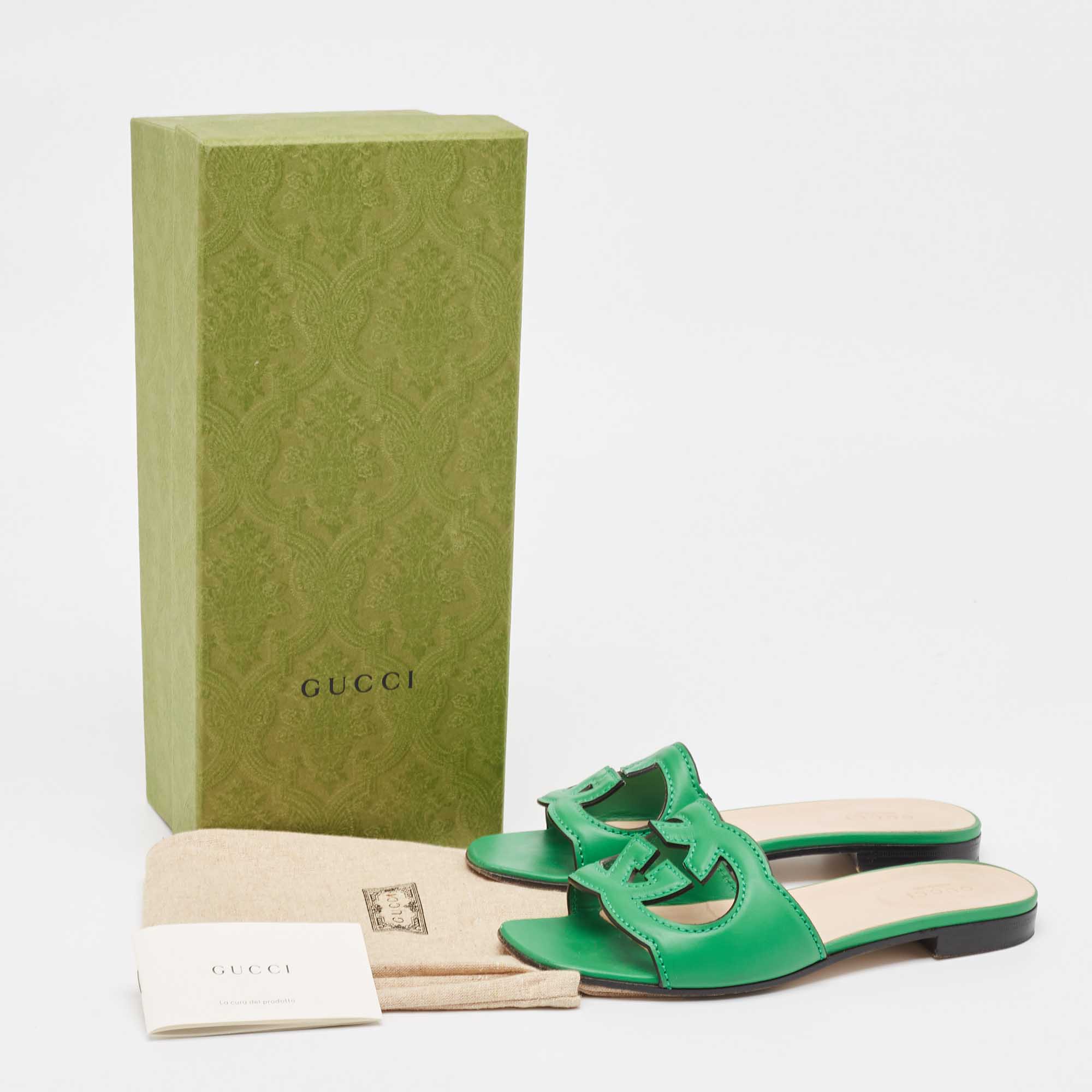 Gucci Green Leather Interlocking G Cut Out Flat Slides Size 35.5