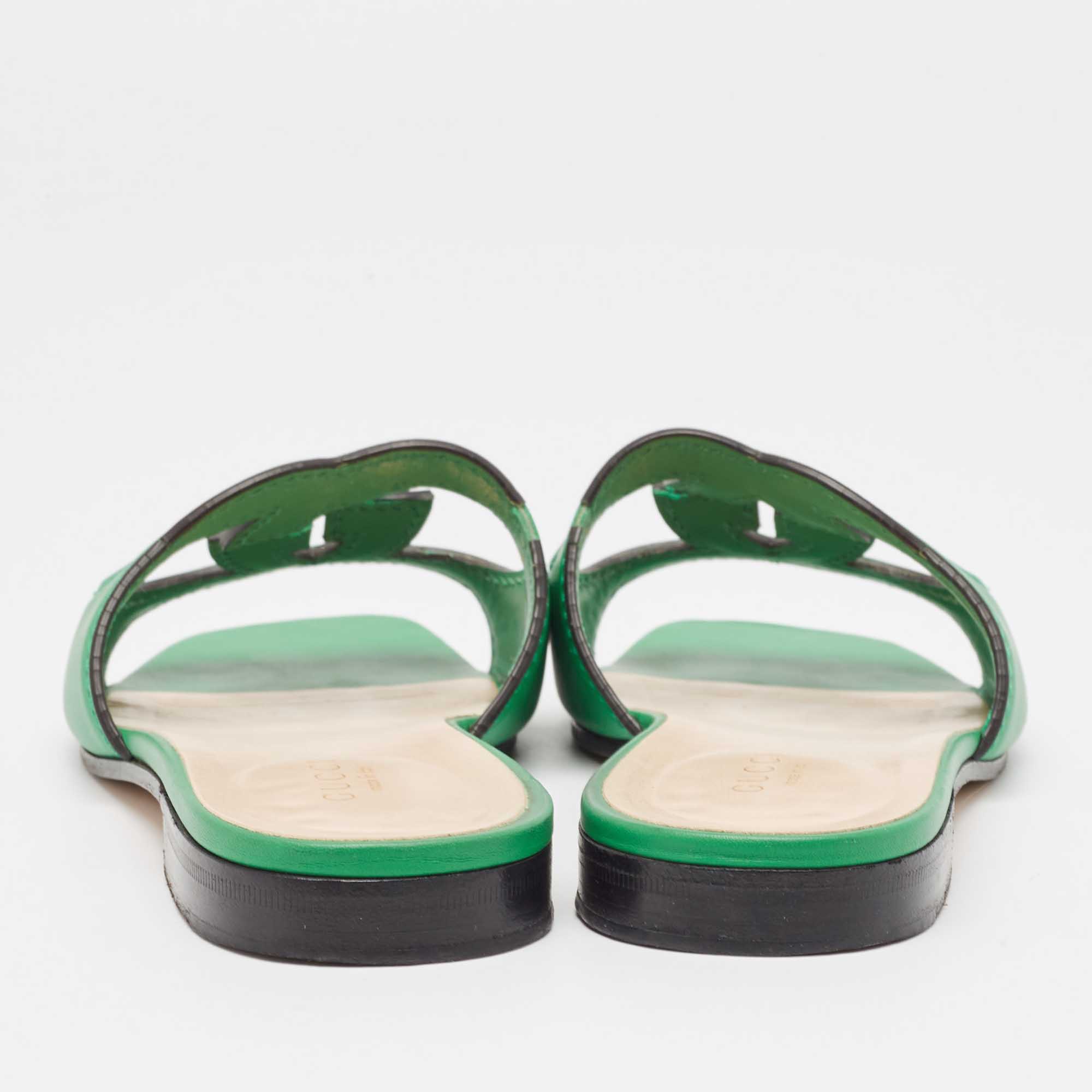 Gucci Green Leather Interlocking G Cut Out Flat Slides Size 35.5