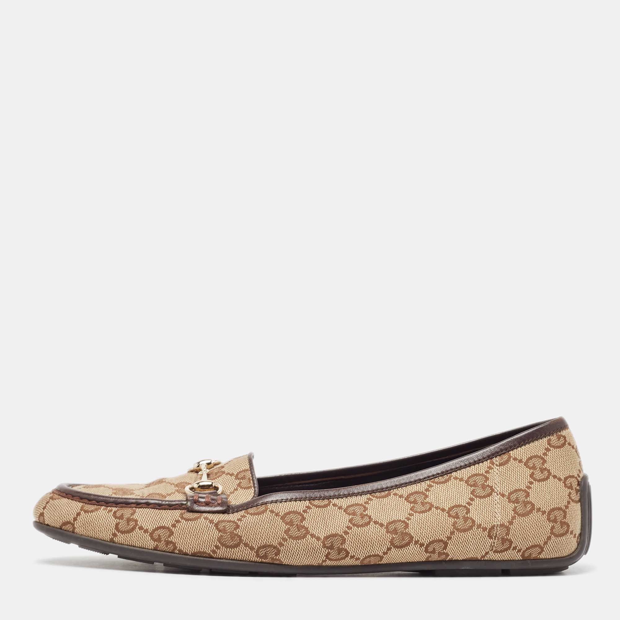 Gucci brown canvas and leather horsebit loafers size 40.5