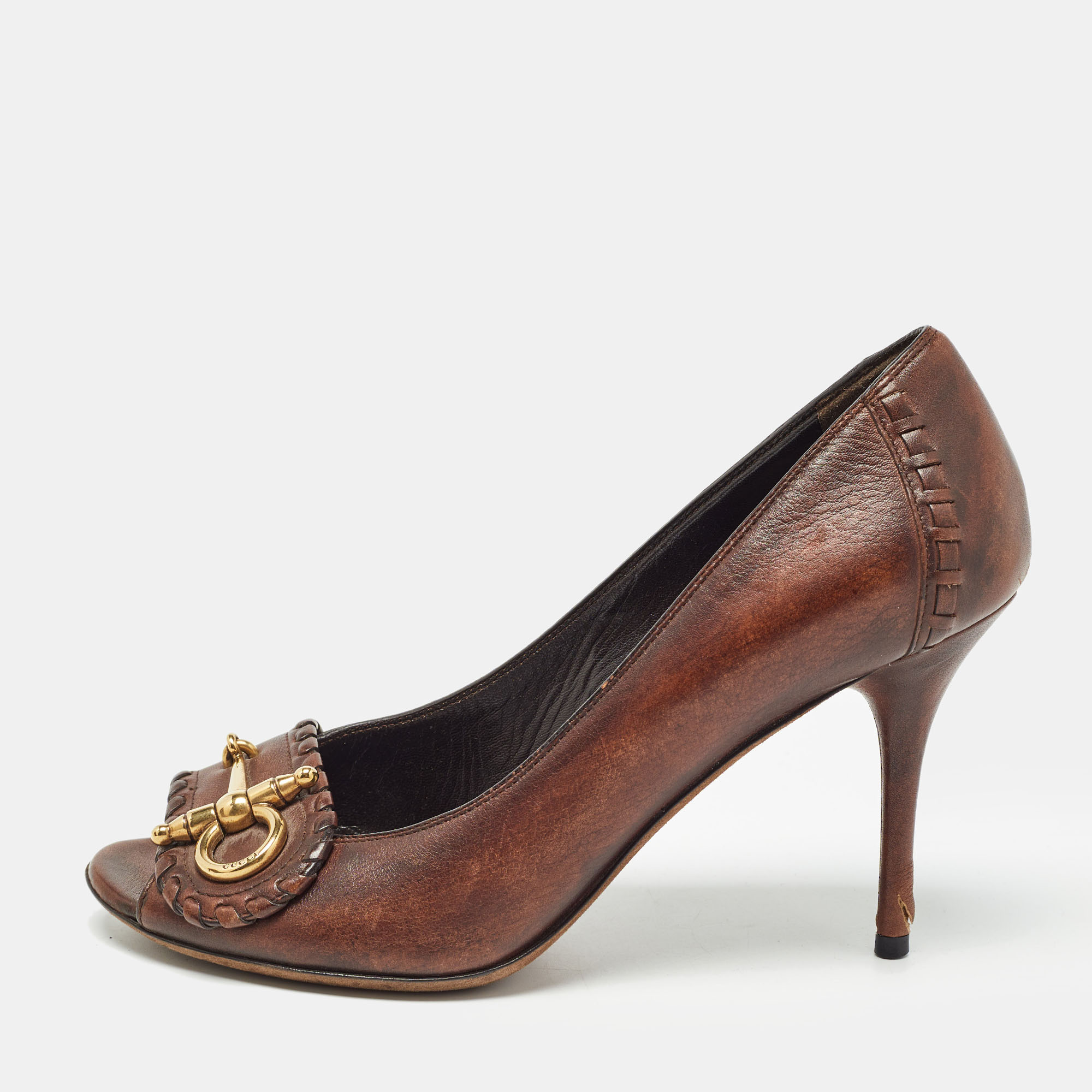Gucci brown leather horsebit open toe pumps size 37.5