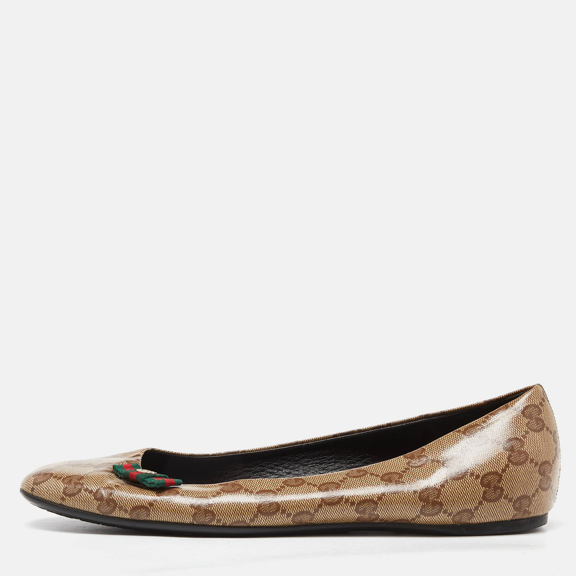 Gucci brown/beige gg crystal canvas web bow ballet flats size 40.5