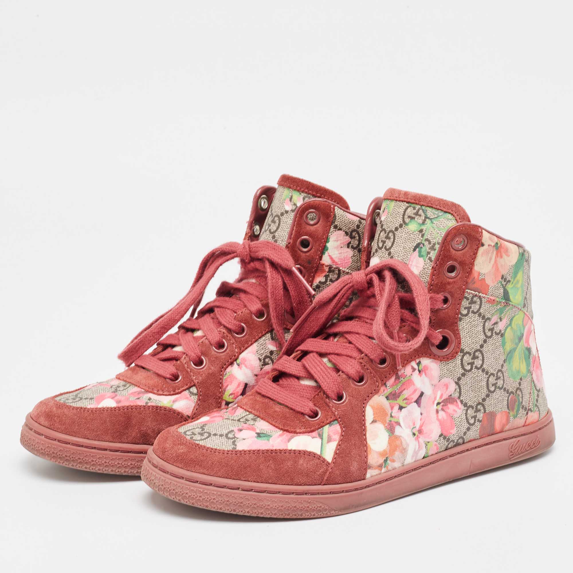 Gucci Multicolor GG Floral Canvas And Suede Leather High Top Sneakers Size 35.5