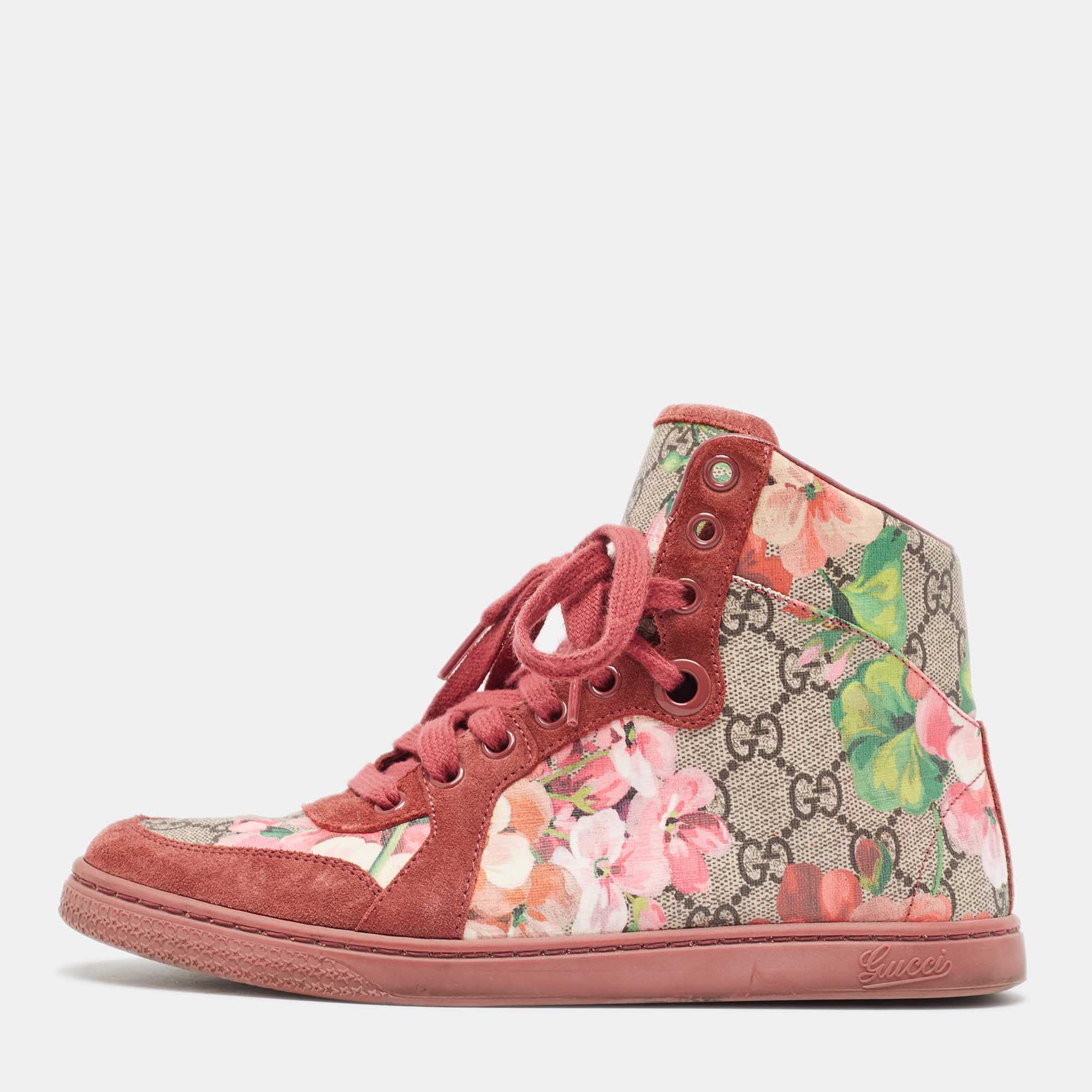 Gucci multicolor gg floral canvas and suede leather high top sneakers size 35.5