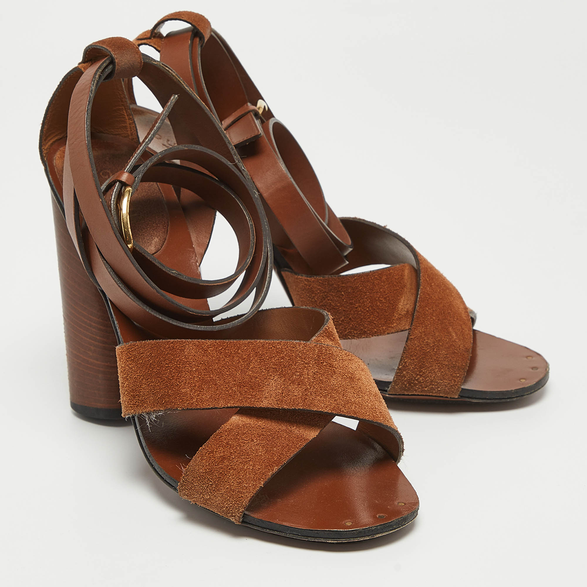 Gucci Brown Leather And Suede Ankle Strap Sandals Size 39