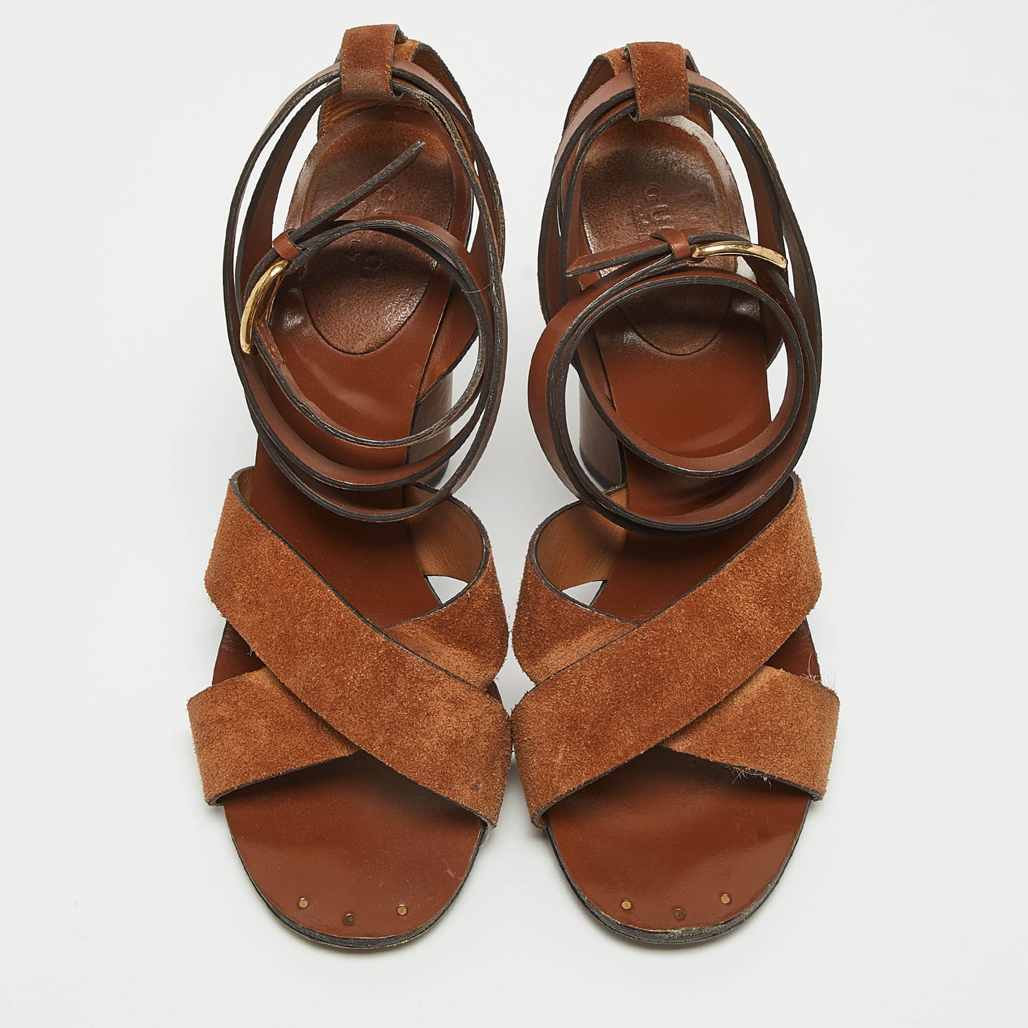 Gucci Brown Leather And Suede Ankle Strap Sandals Size 39