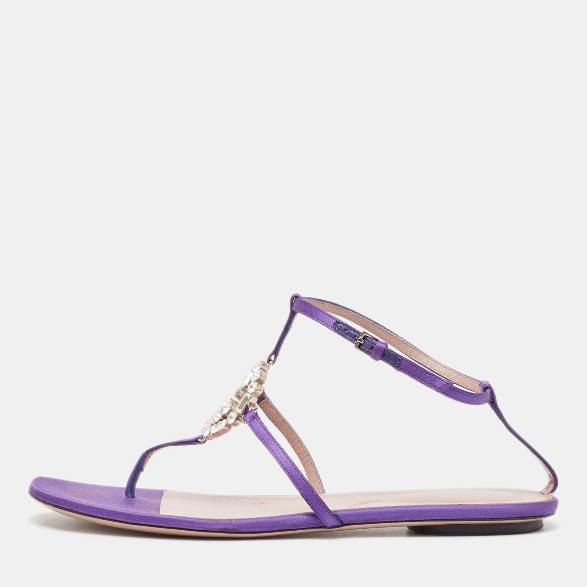 Gucci purple satin crystal embellished interlocking g thong flat sandals size 39