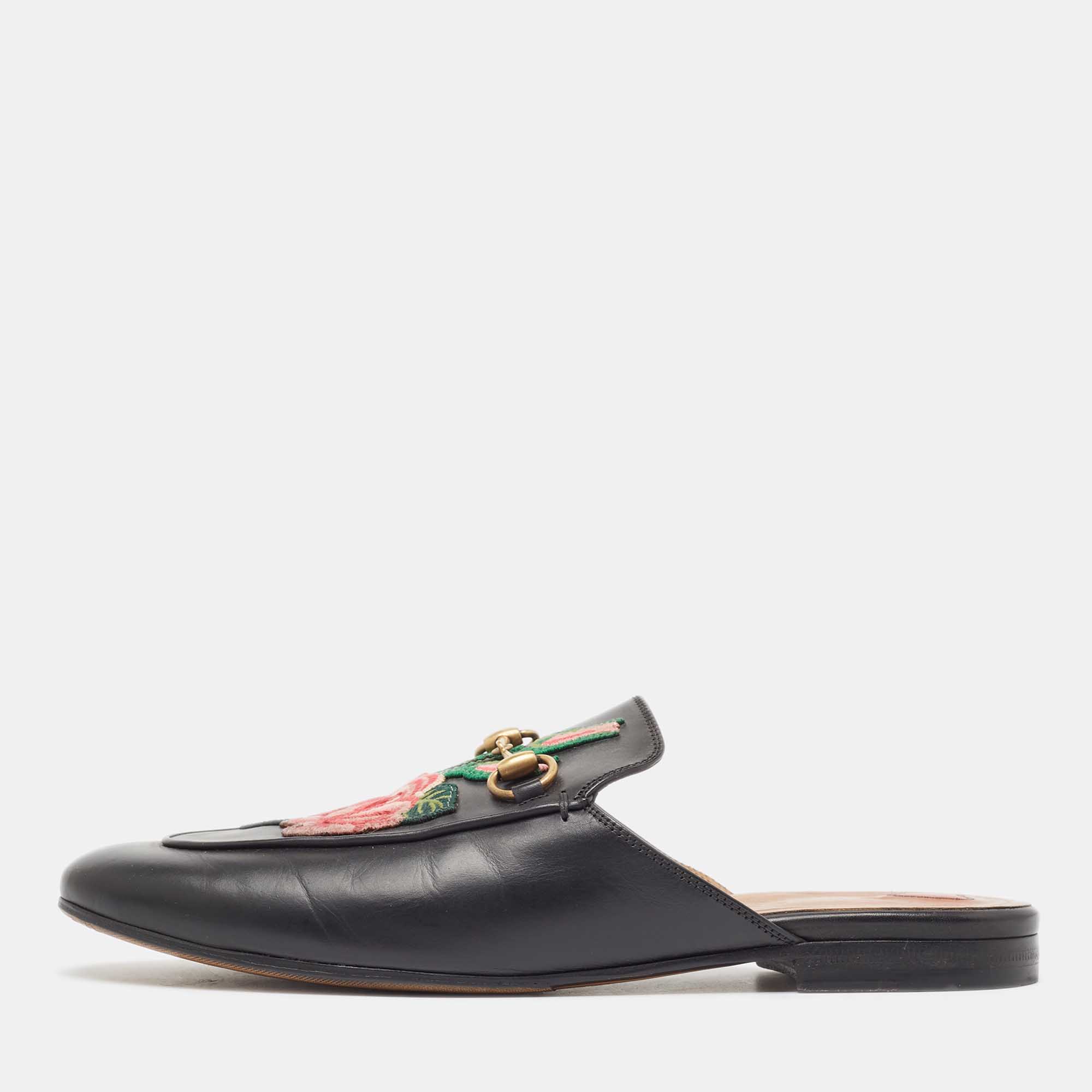 Gucci black leather rose embroidered princetown horsebit flat mules size 39