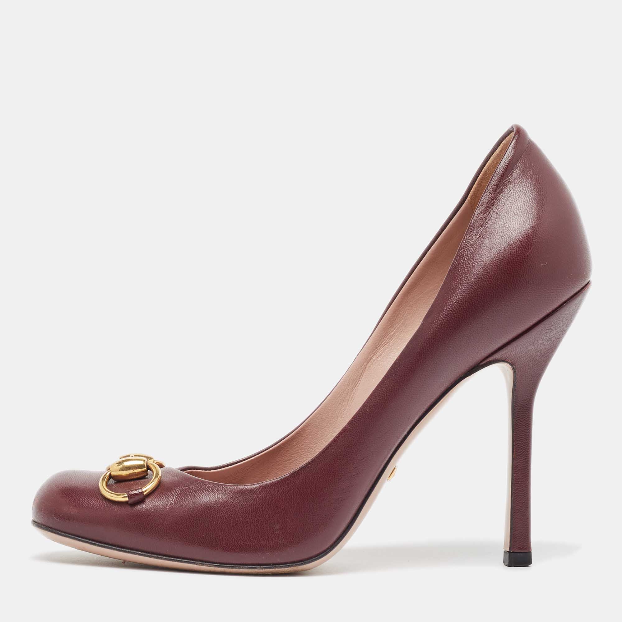 Gucci burgundy leather jolene horsebit pumps size 37