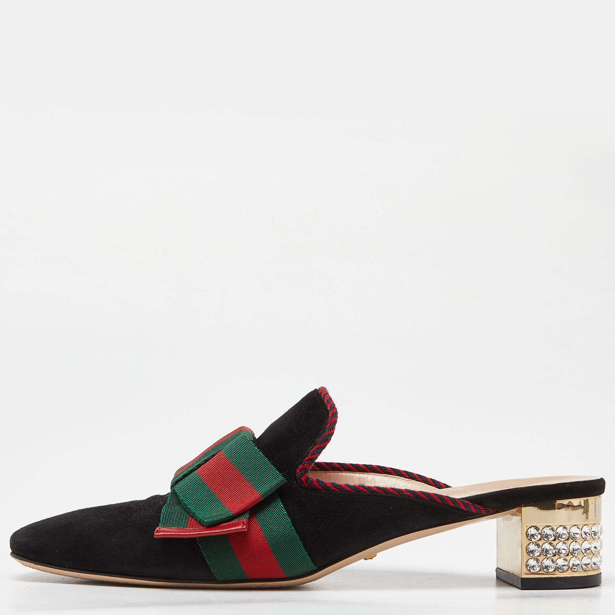Gucci black suede sylvie bow crystal embellished heel slide mules size 40