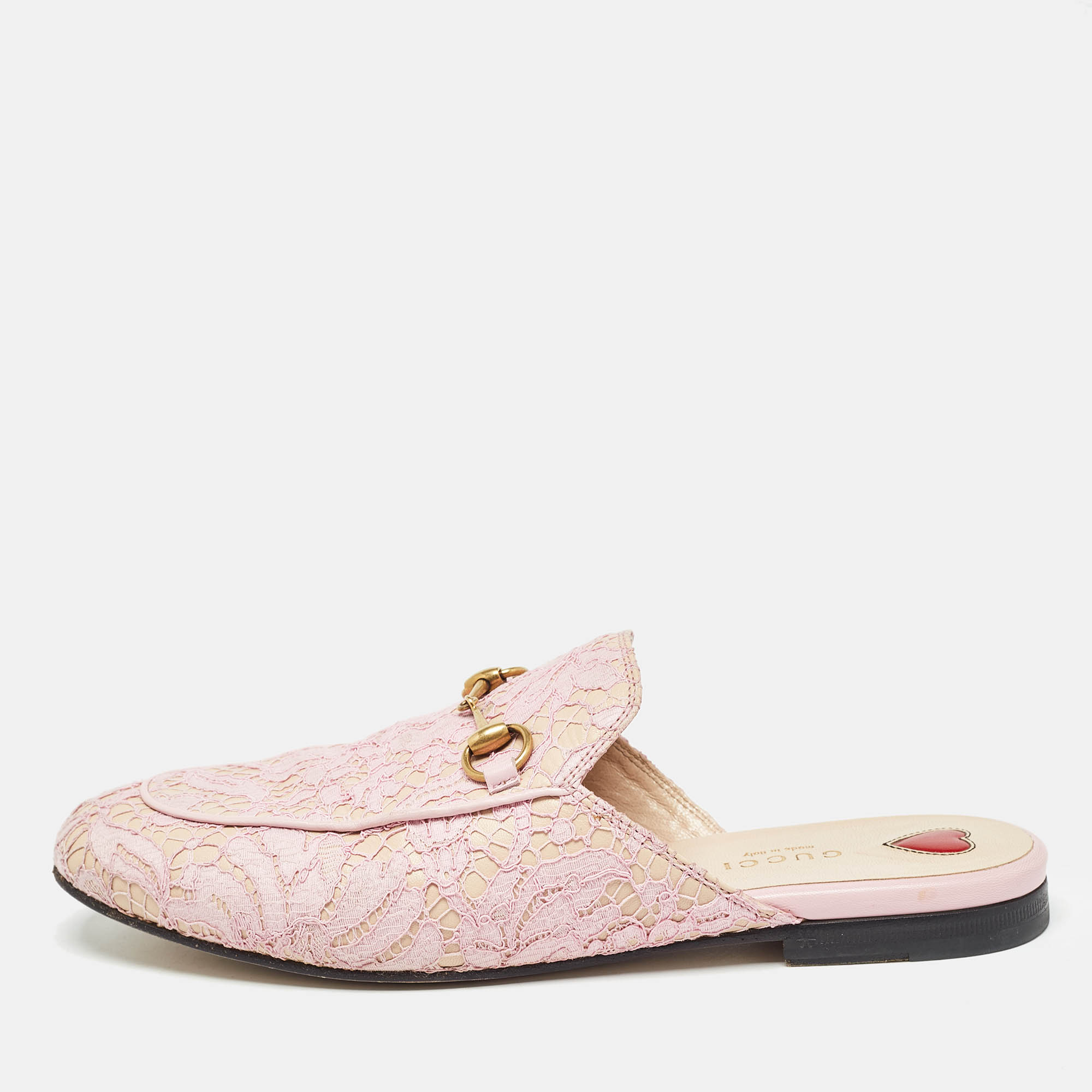 Gucci pink/beige lace and leather princetown flat mules size 38